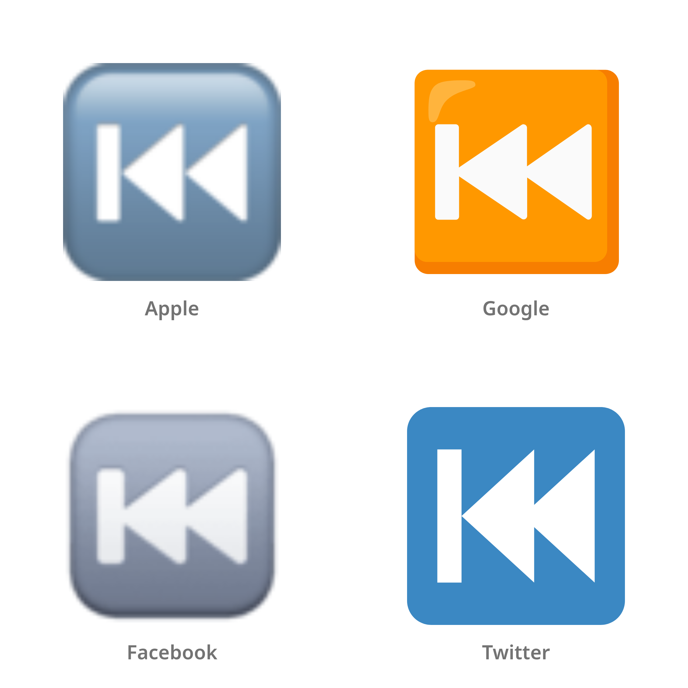 De emoji knop voor vorige nummer in Apple-, Google-, Facebook- en Twitter-stijl
