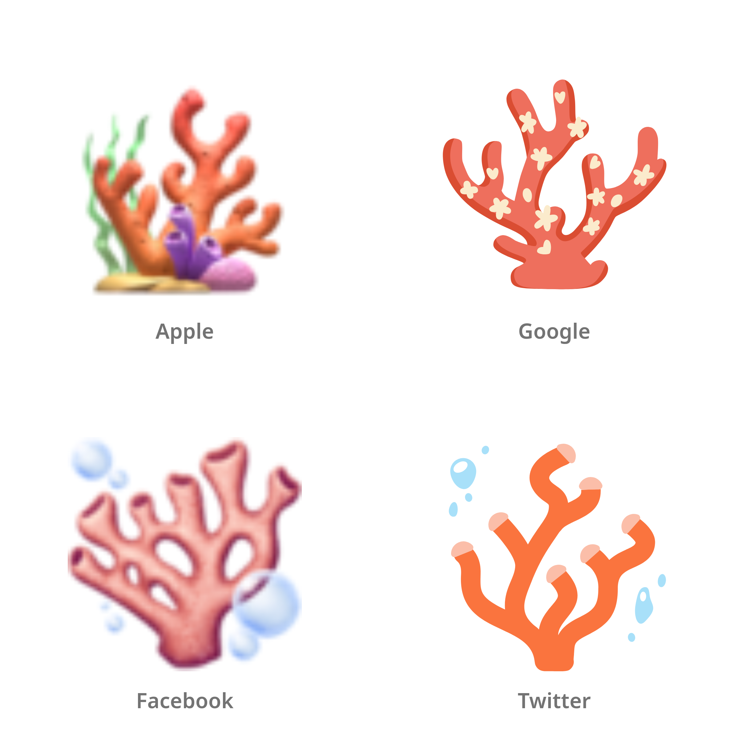 De emoji koraal in Apple-, Google-, Facebook- en Twitter-stijl