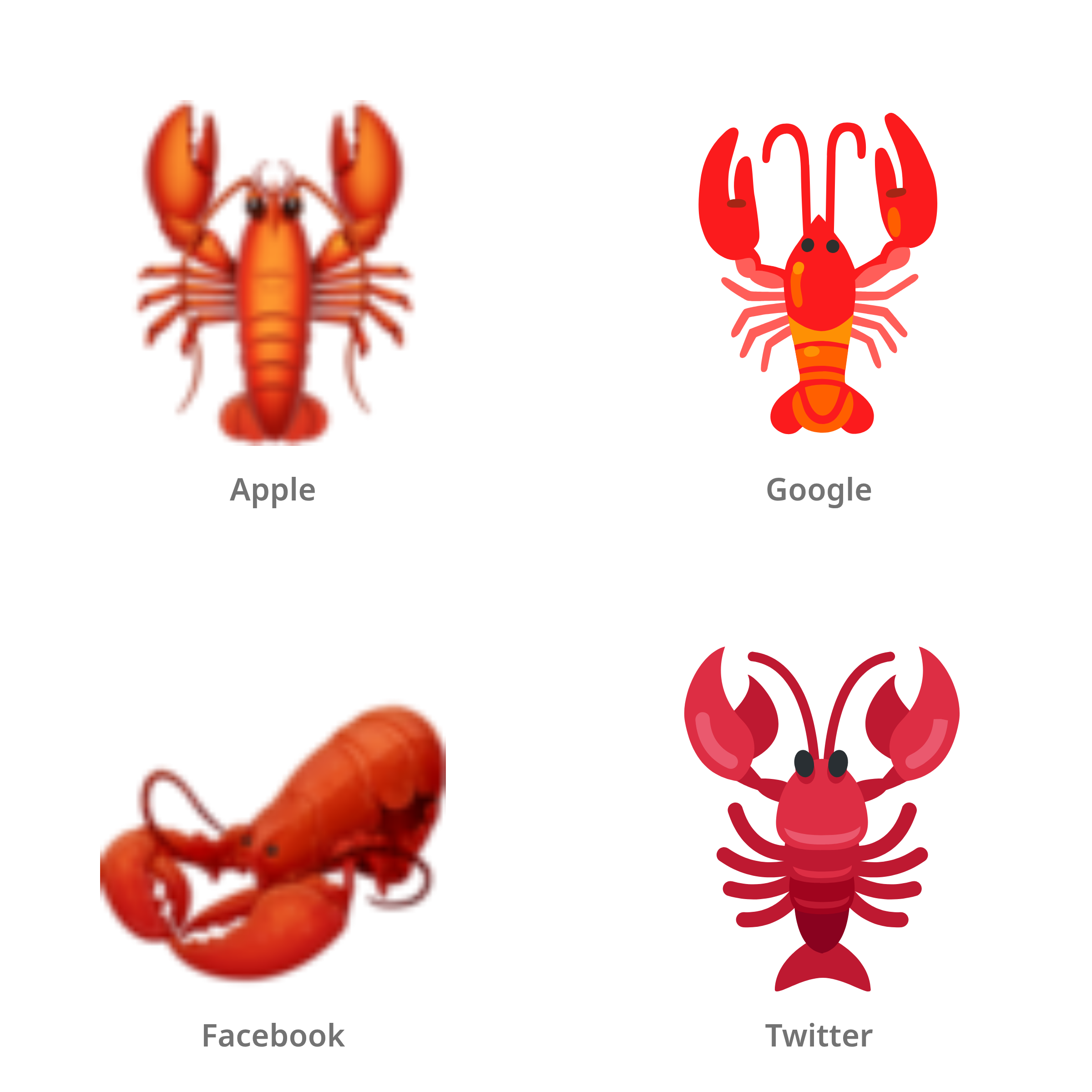 De emoji kreeft in Apple-, Google-, Facebook- en Twitter-stijl