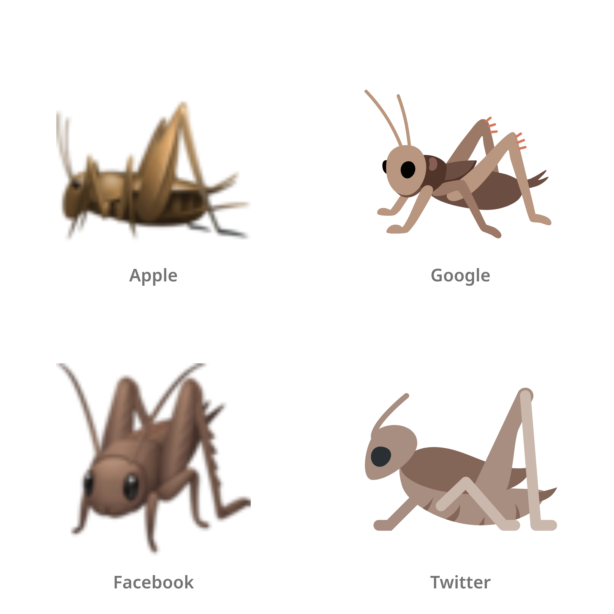 De emoji krekel in Apple-, Google-, Facebook- en Twitter-stijl