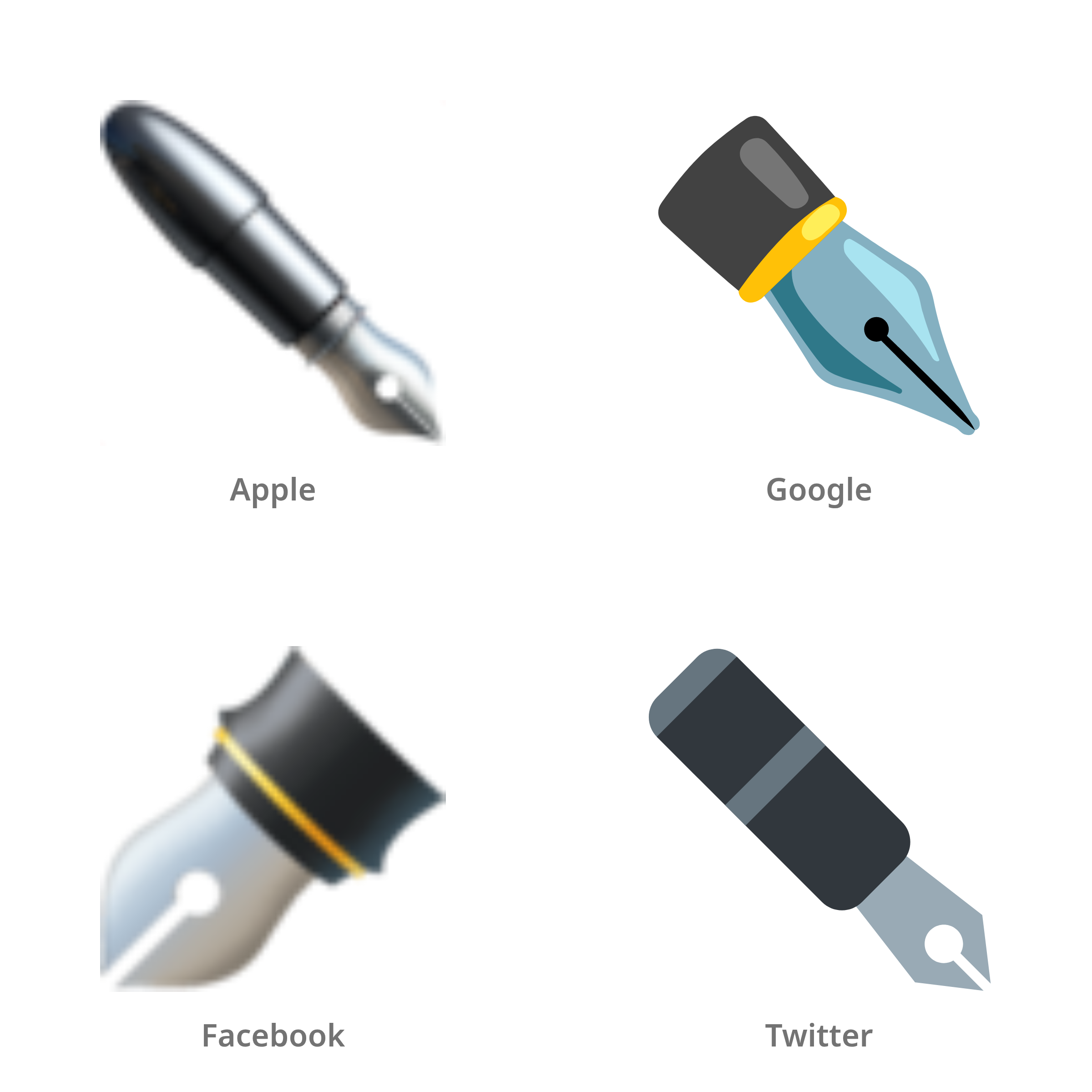 De emoji kroontjespen met zwarte punt in Apple-, Google-, Facebook- en Twitter-stijl