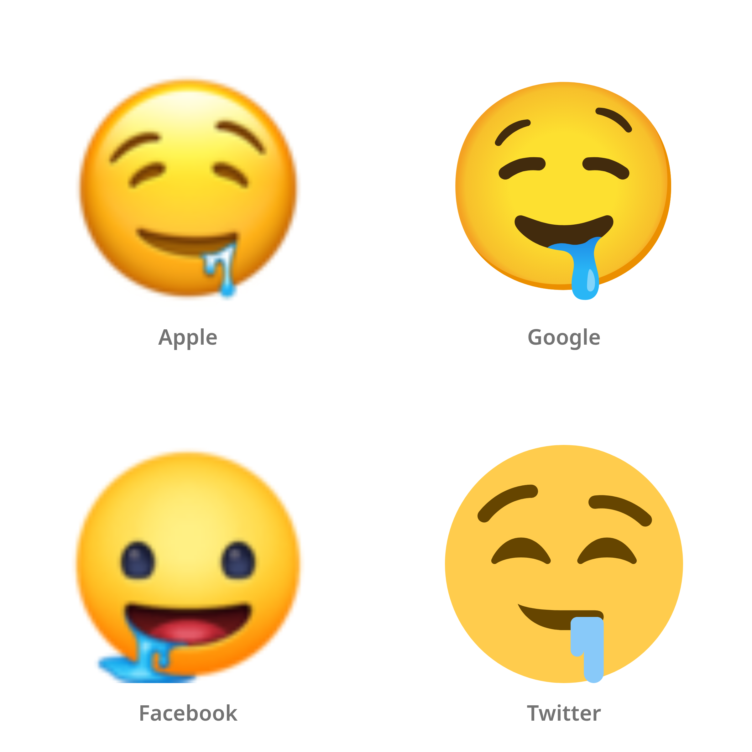 De emoji kwijlend gezicht in Apple-, Google-, Facebook- en Twitter-stijl