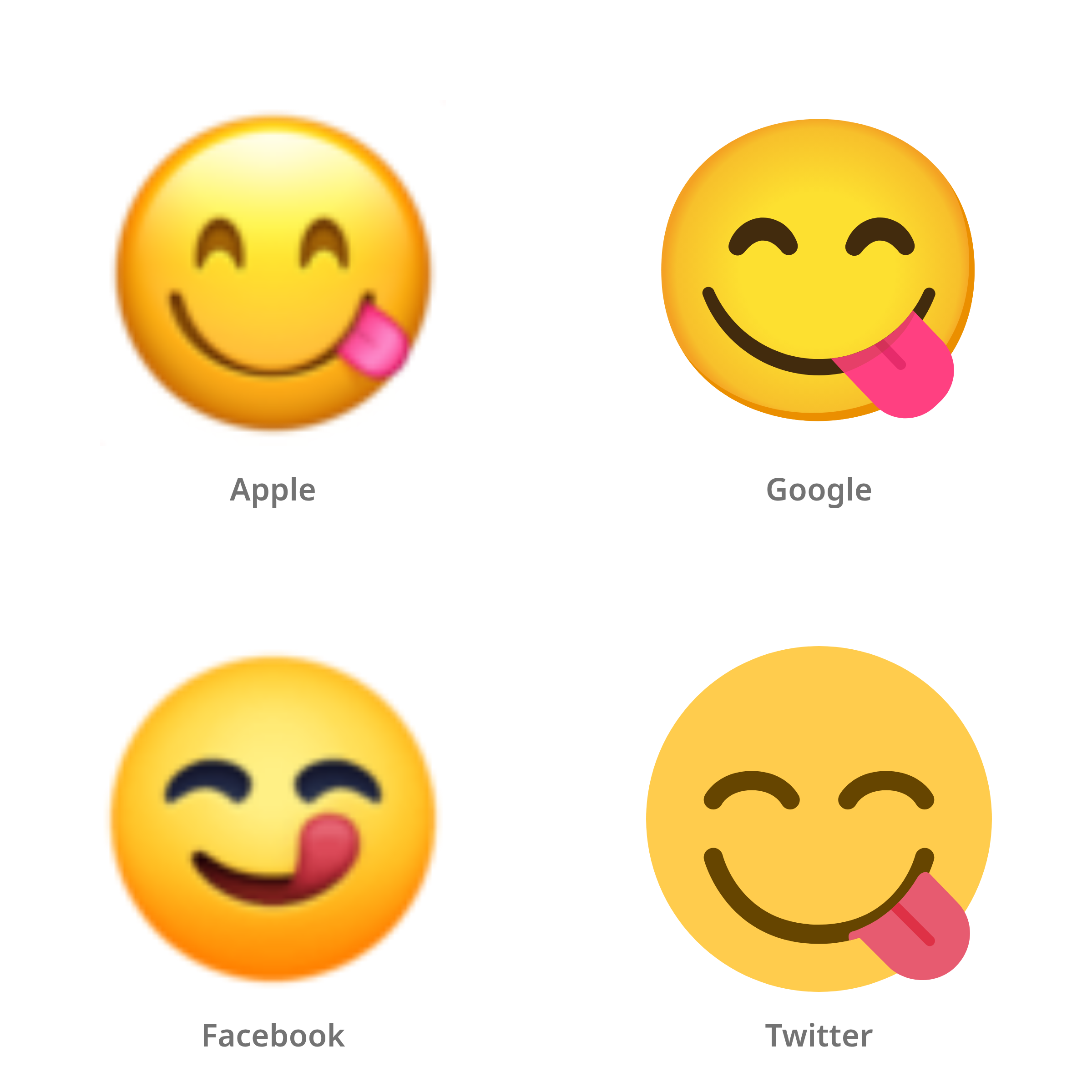 De emoji lachend gezicht dat lippen likt in Apple-, Google-, Facebook- en Twitter-stijl