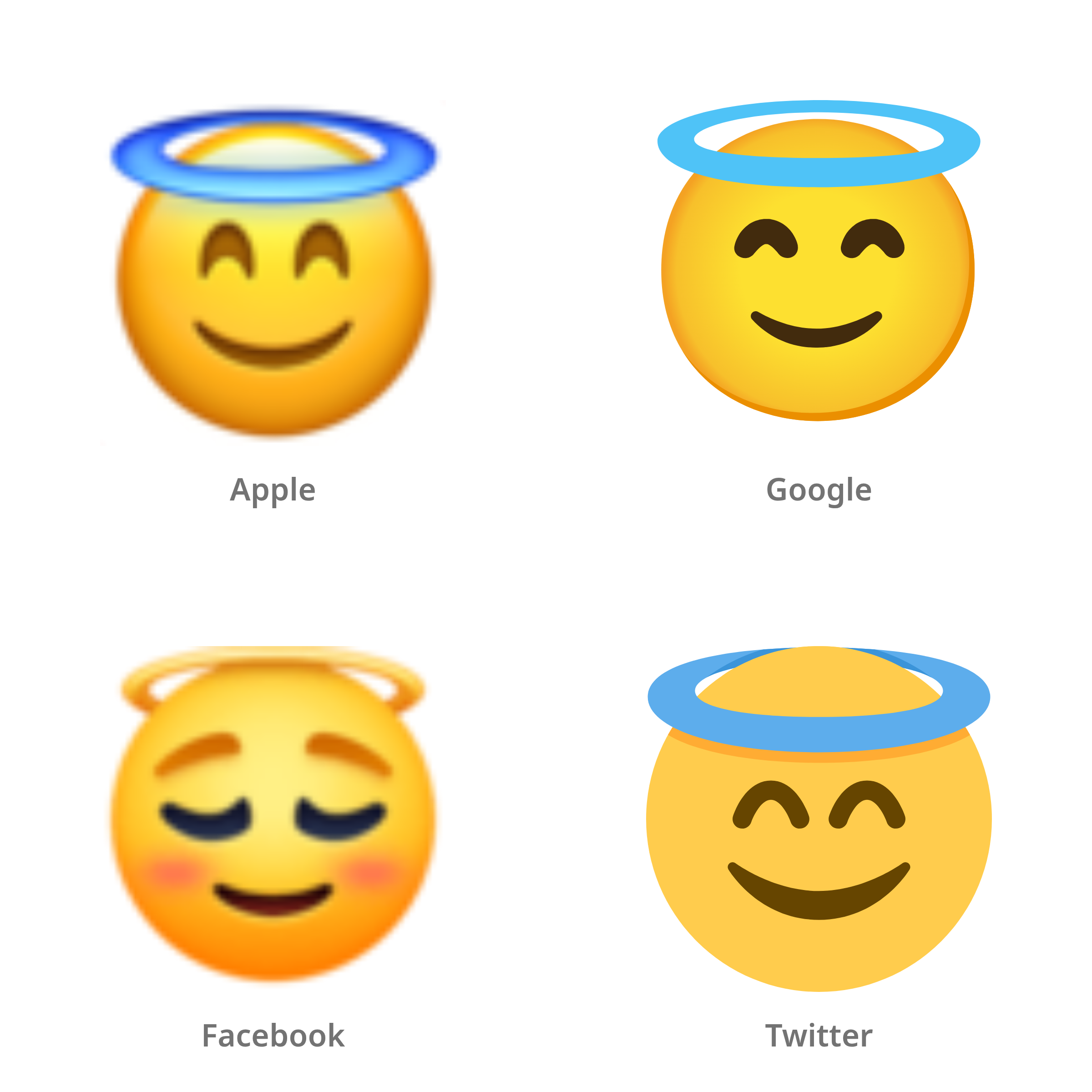 De emoji lachend gezicht met halo in Apple-, Google-, Facebook- en Twitter-stijl