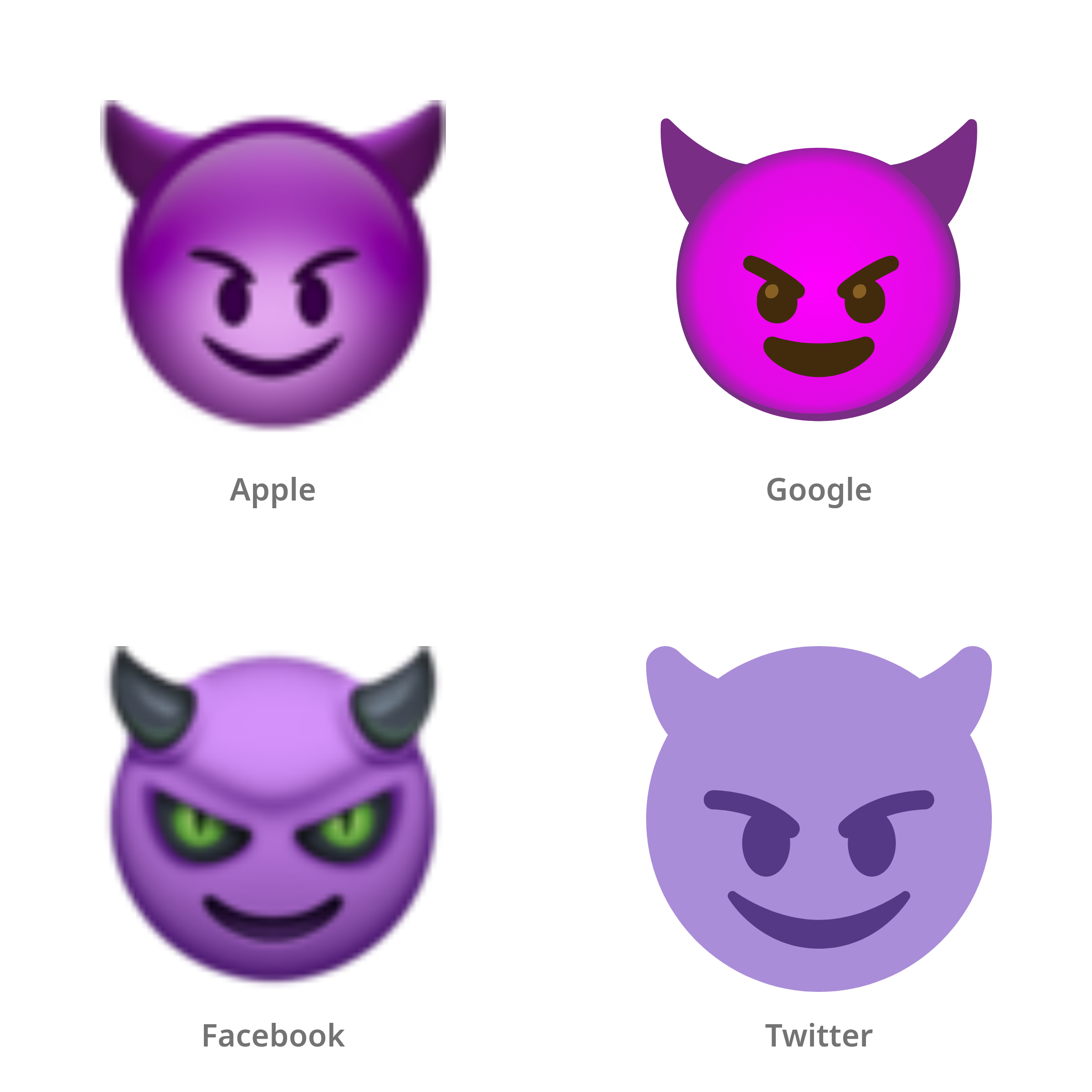De emoji lachend gezicht met hoorns in Apple-, Google-, Facebook- en Twitter-stijl