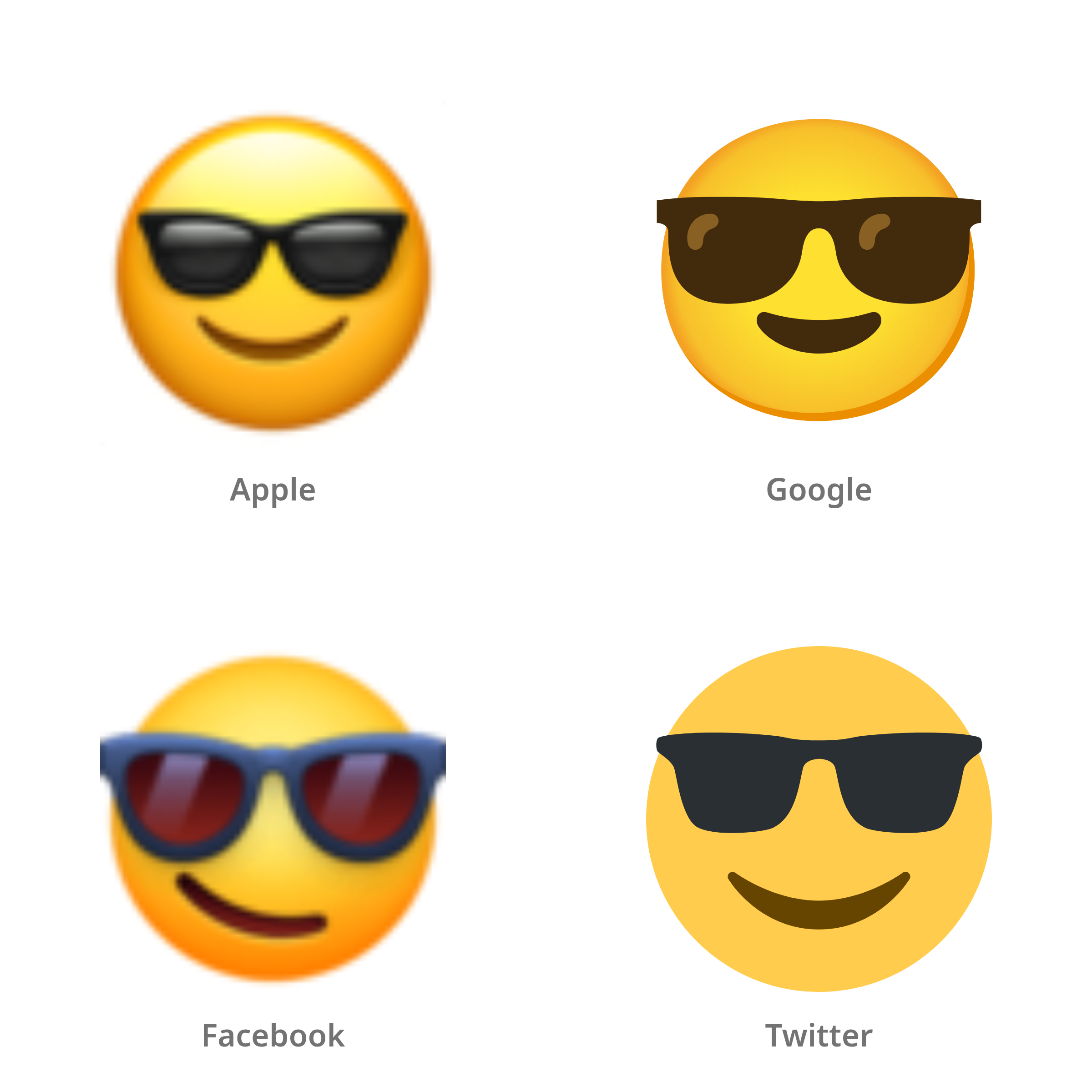 De emoji lachend gezicht met zonnebril in Apple-, Google-, Facebook- en Twitter-stijl