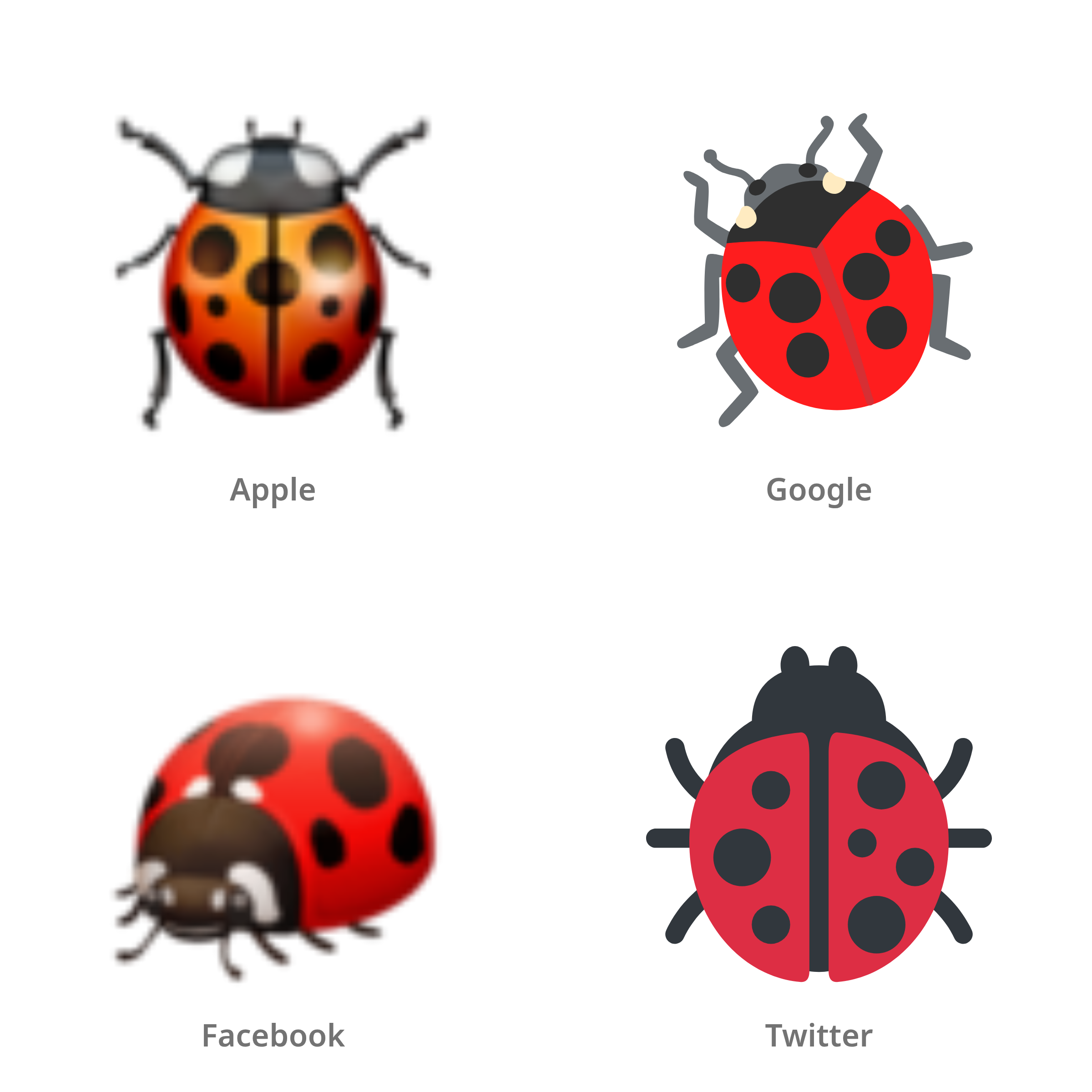 De emoji lieveheersbeestje in Apple-, Google-, Facebook- en Twitter-stijl
