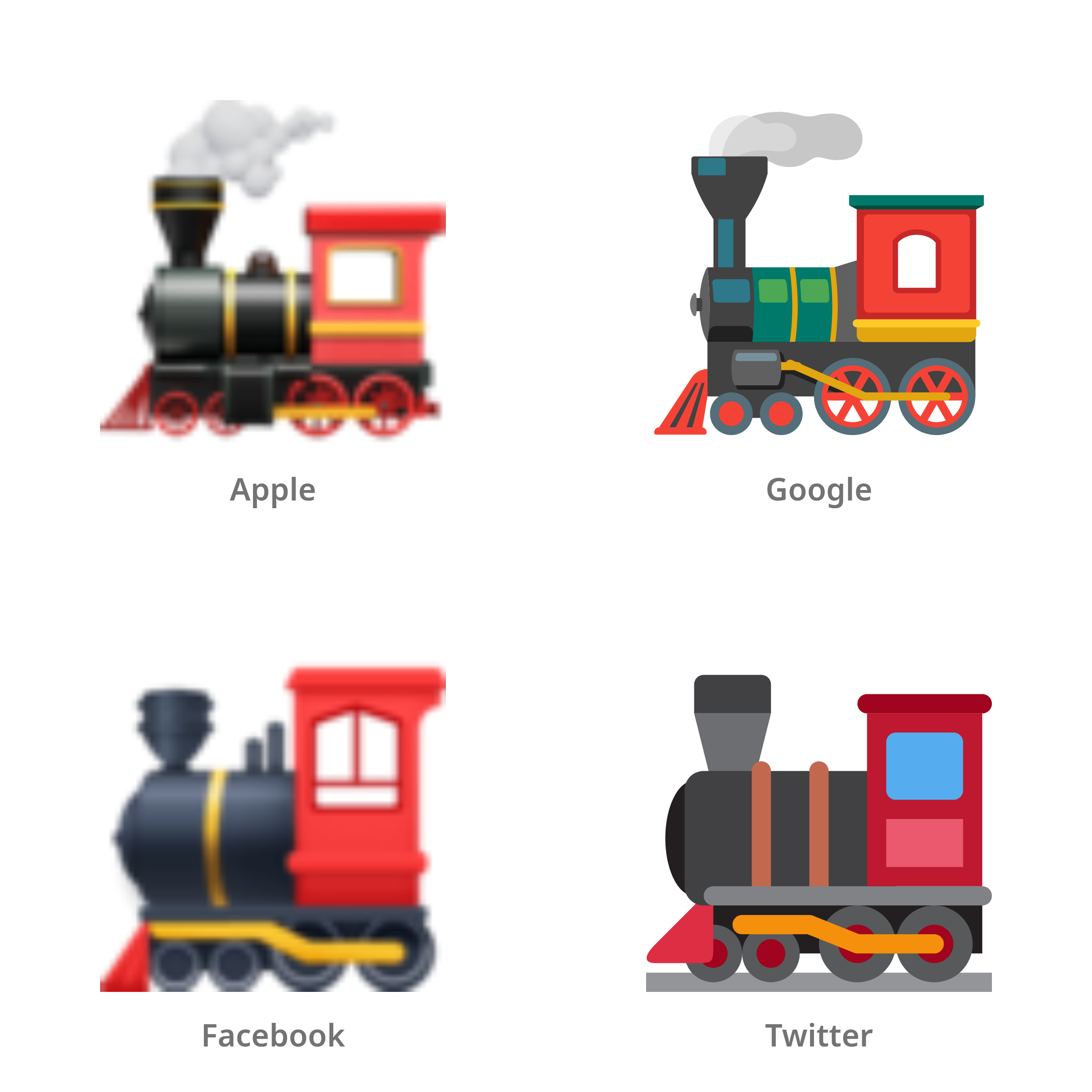 De emoji locomotief in Apple-, Google-, Facebook- en Twitter-stijl