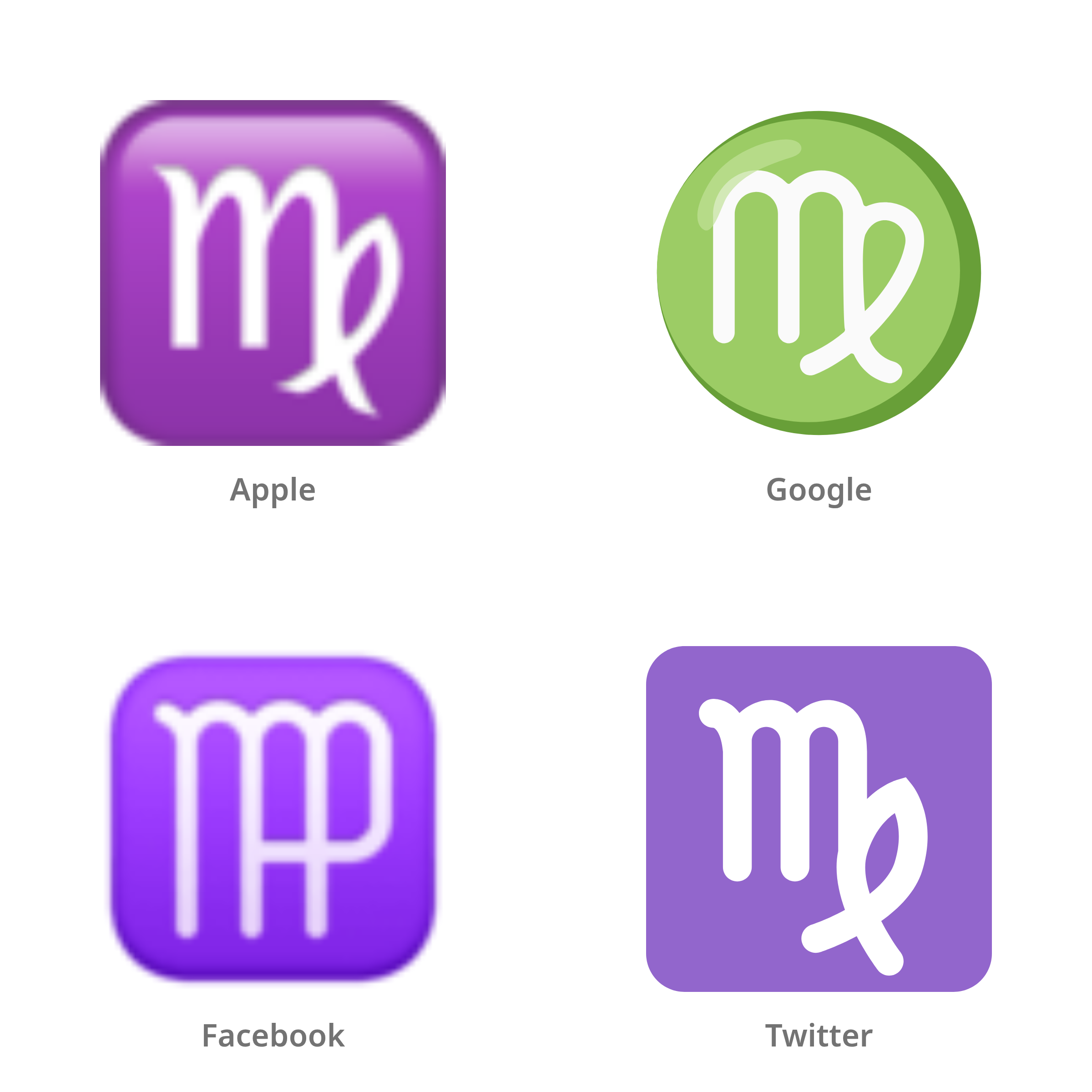 De emoji maagd (sterrenbeeld) in Apple-, Google-, Facebook- en Twitter-stijl