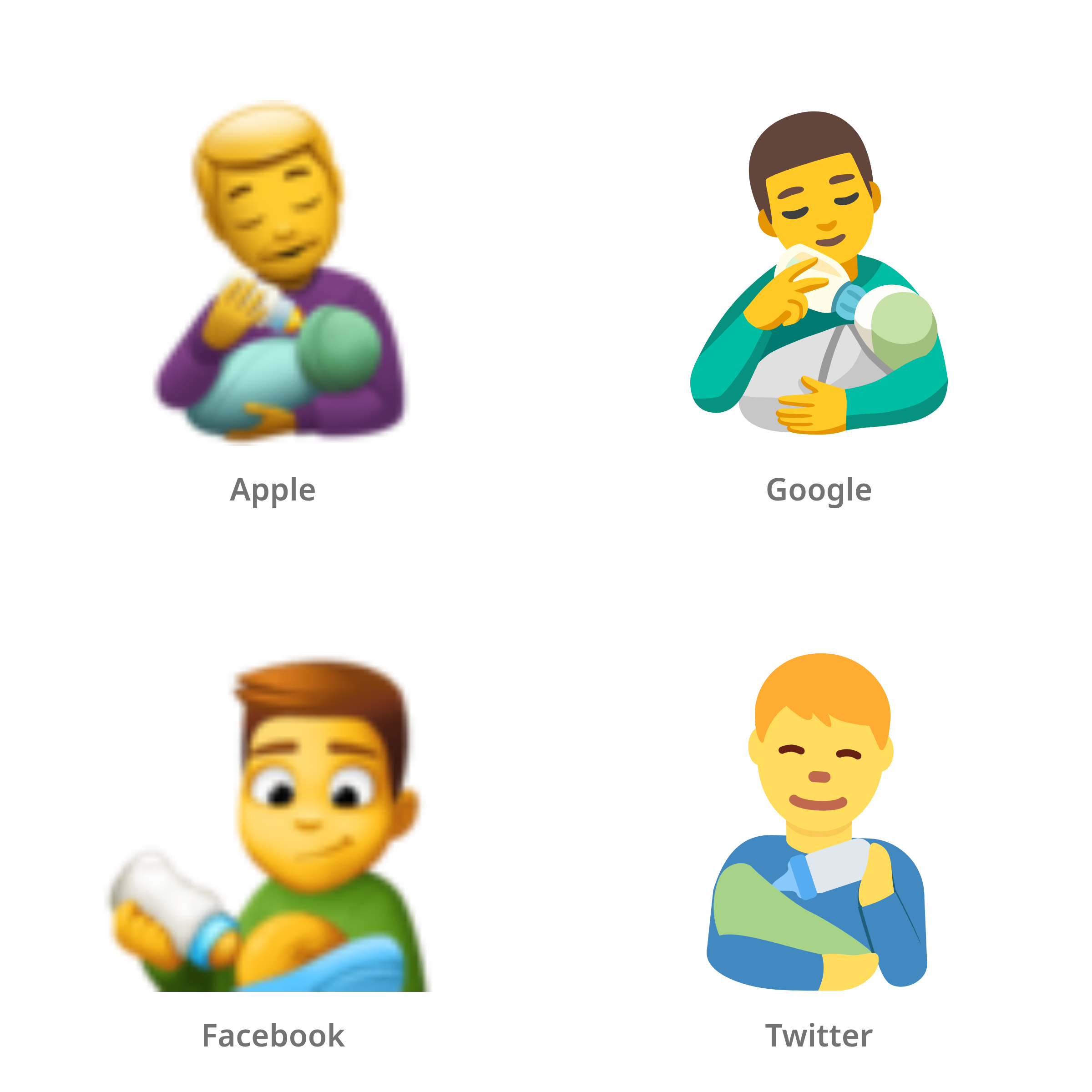 De emoji man die een baby voedt in Apple-, Google-, Facebook- en Twitter-stijl