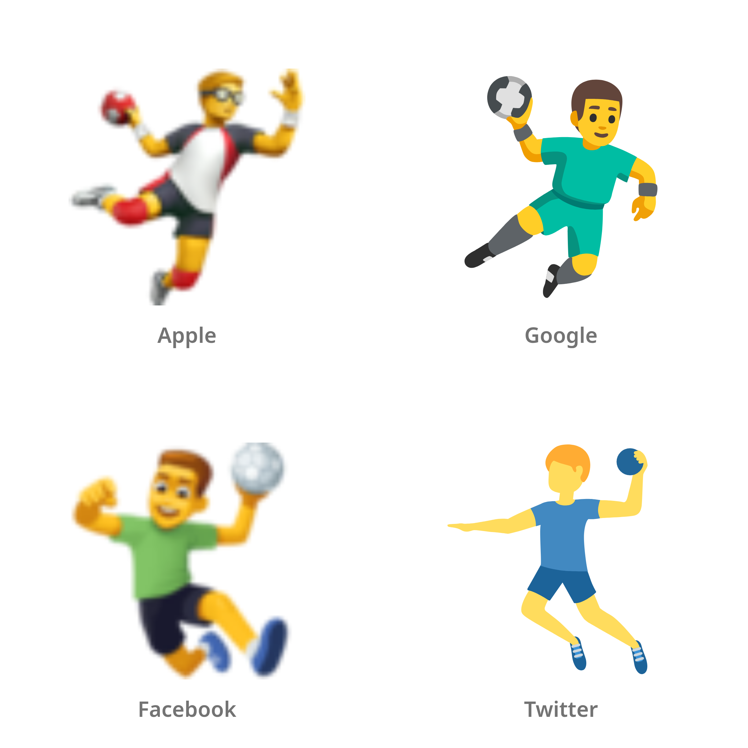 De emoji man die handbal speelt in Apple-, Google-, Facebook- en Twitter-stijl