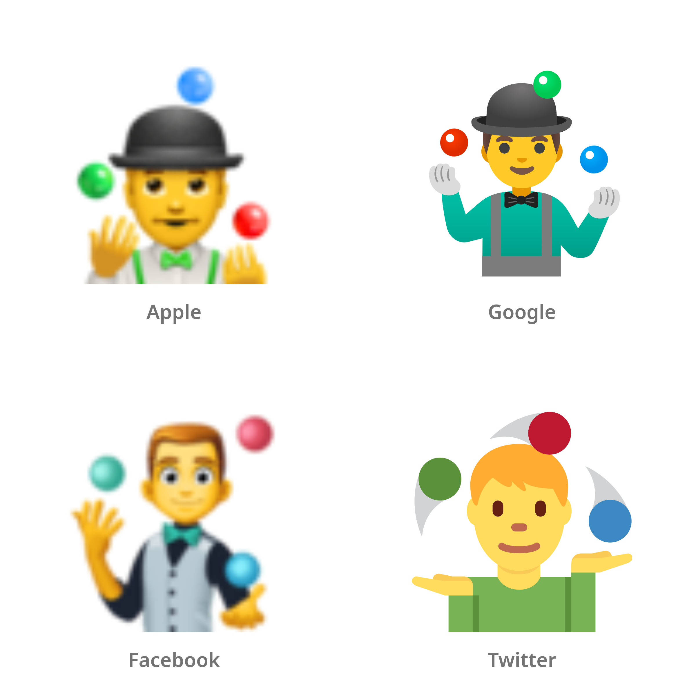 De emoji man die jongleert in Apple-, Google-, Facebook- en Twitter-stijl