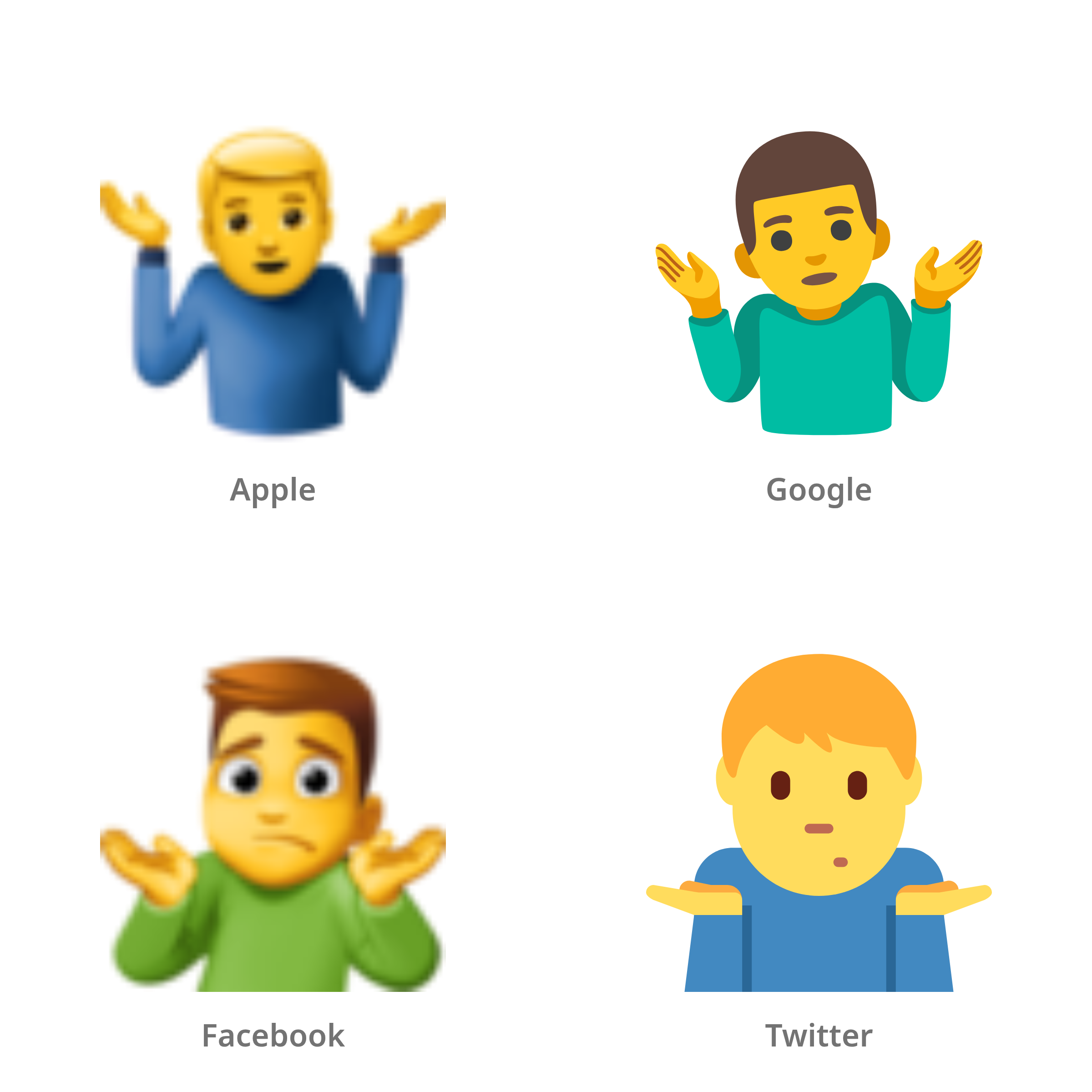 De emoji man die schouders ophaalt in Apple-, Google-, Facebook- en Twitter-stijl