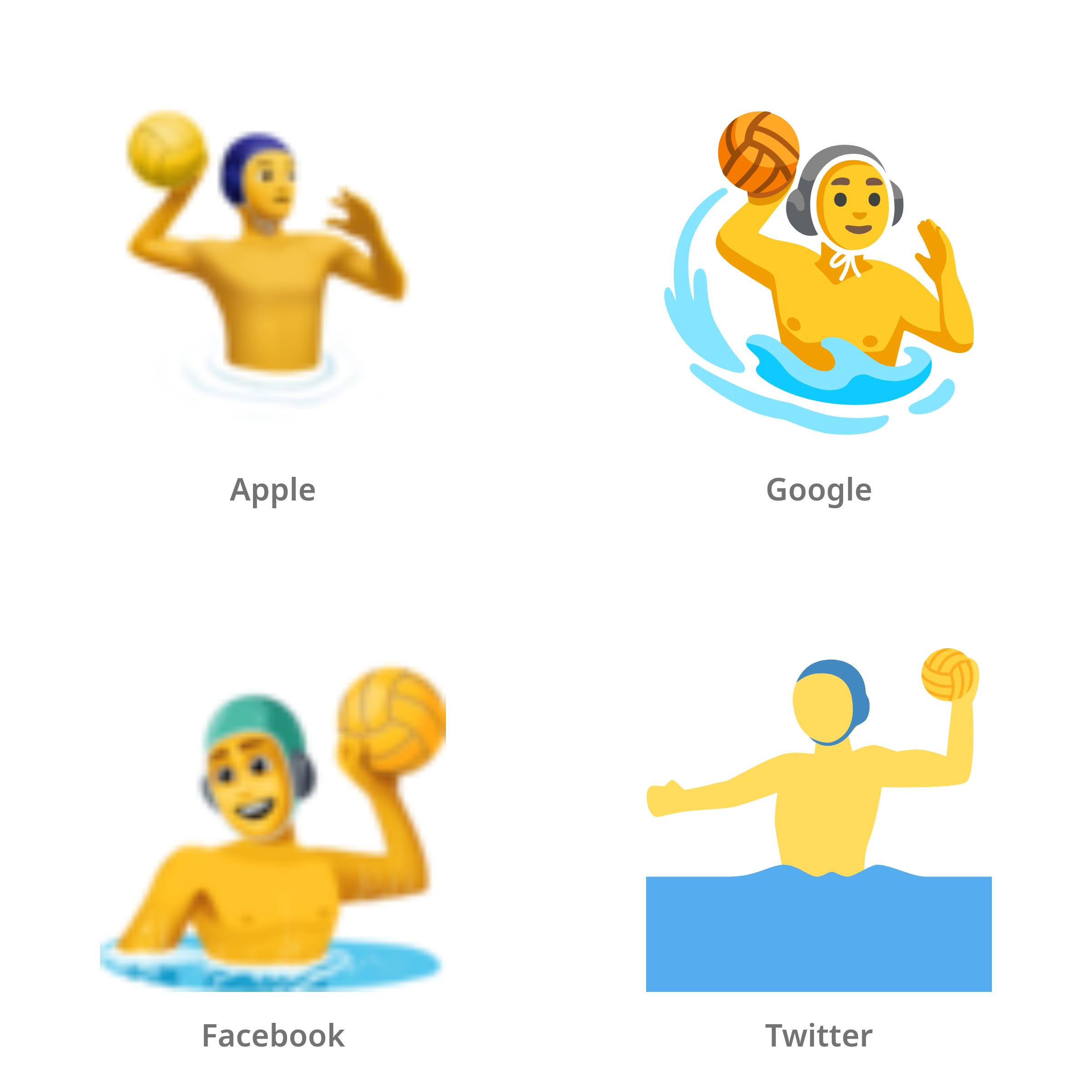 De emoji man die waterpolo speelt in Apple-, Google-, Facebook- en Twitter-stijl