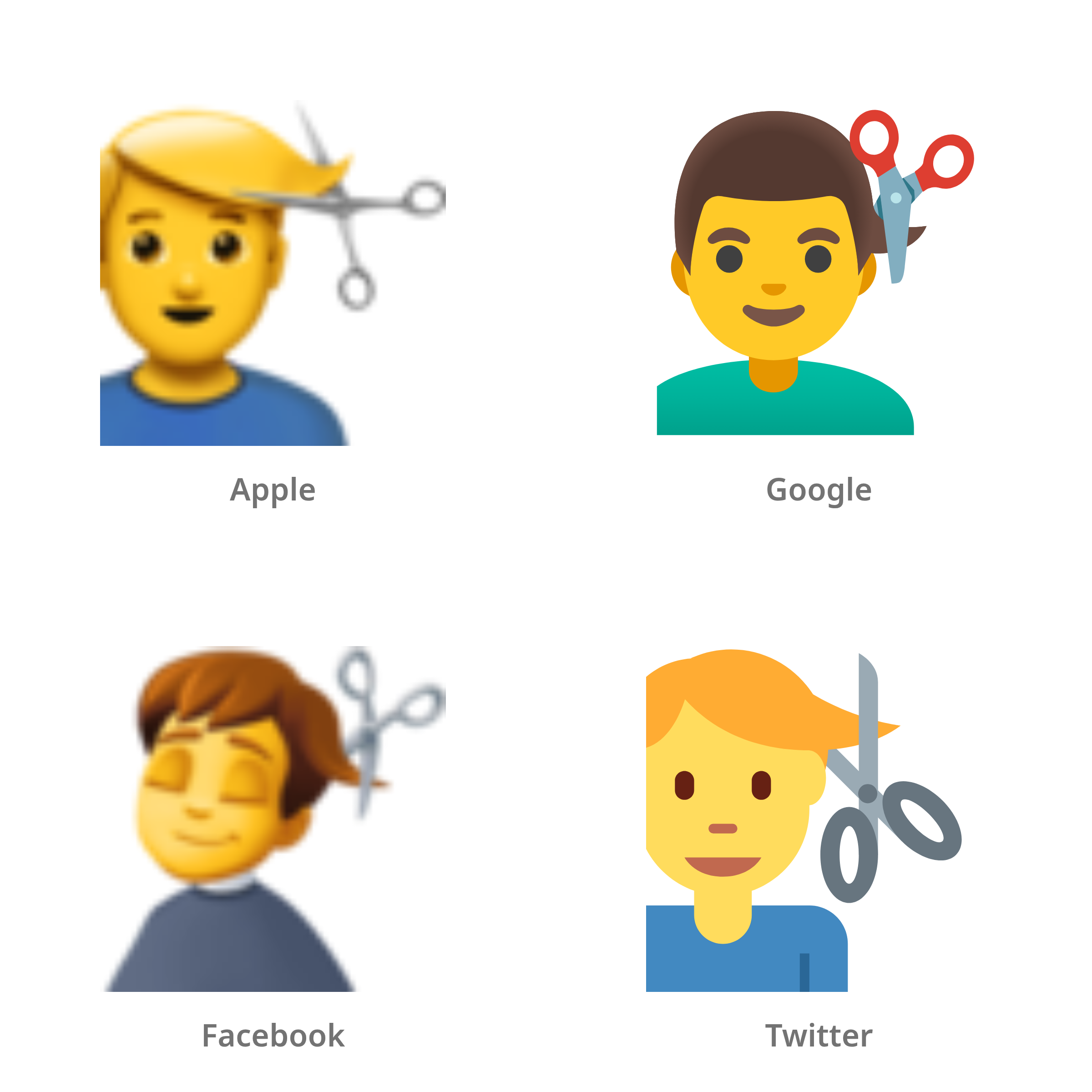 De emoji man die wordt geknipt in Apple-, Google-, Facebook- en Twitter-stijl