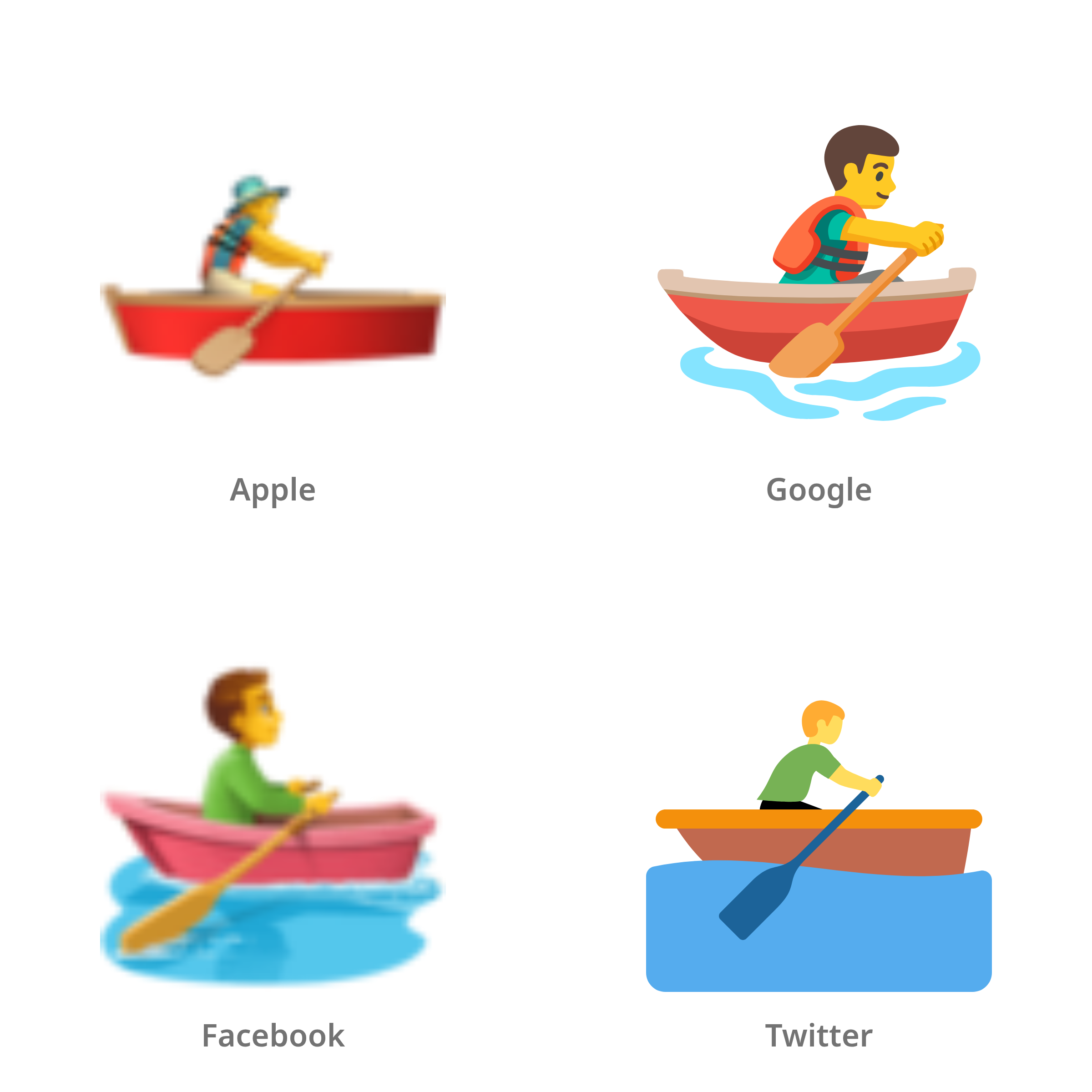 De emoji man in roeiboot in Apple-, Google-, Facebook- en Twitter-stijl