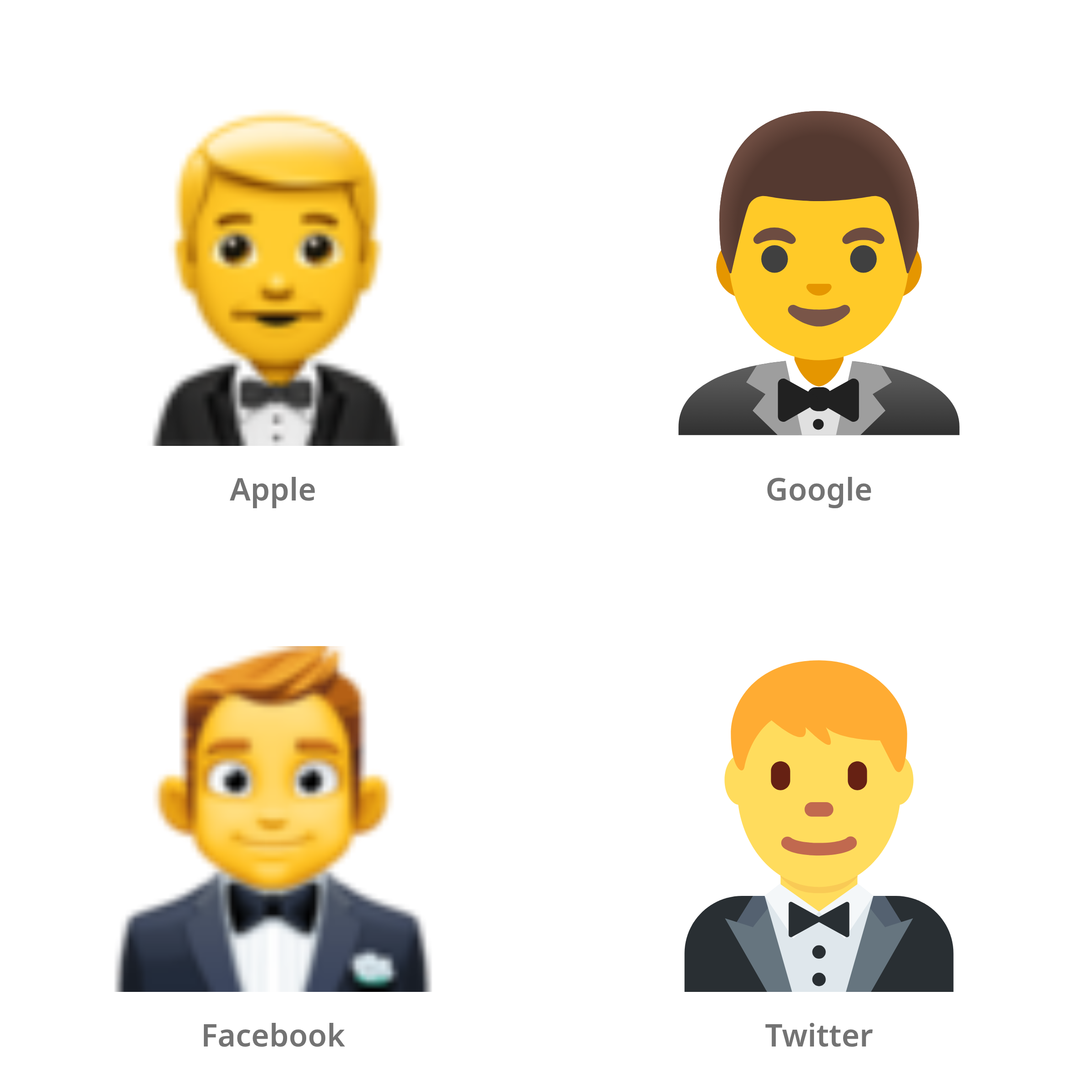 De emoji man in smoking in Apple-, Google-, Facebook- en Twitter-stijl