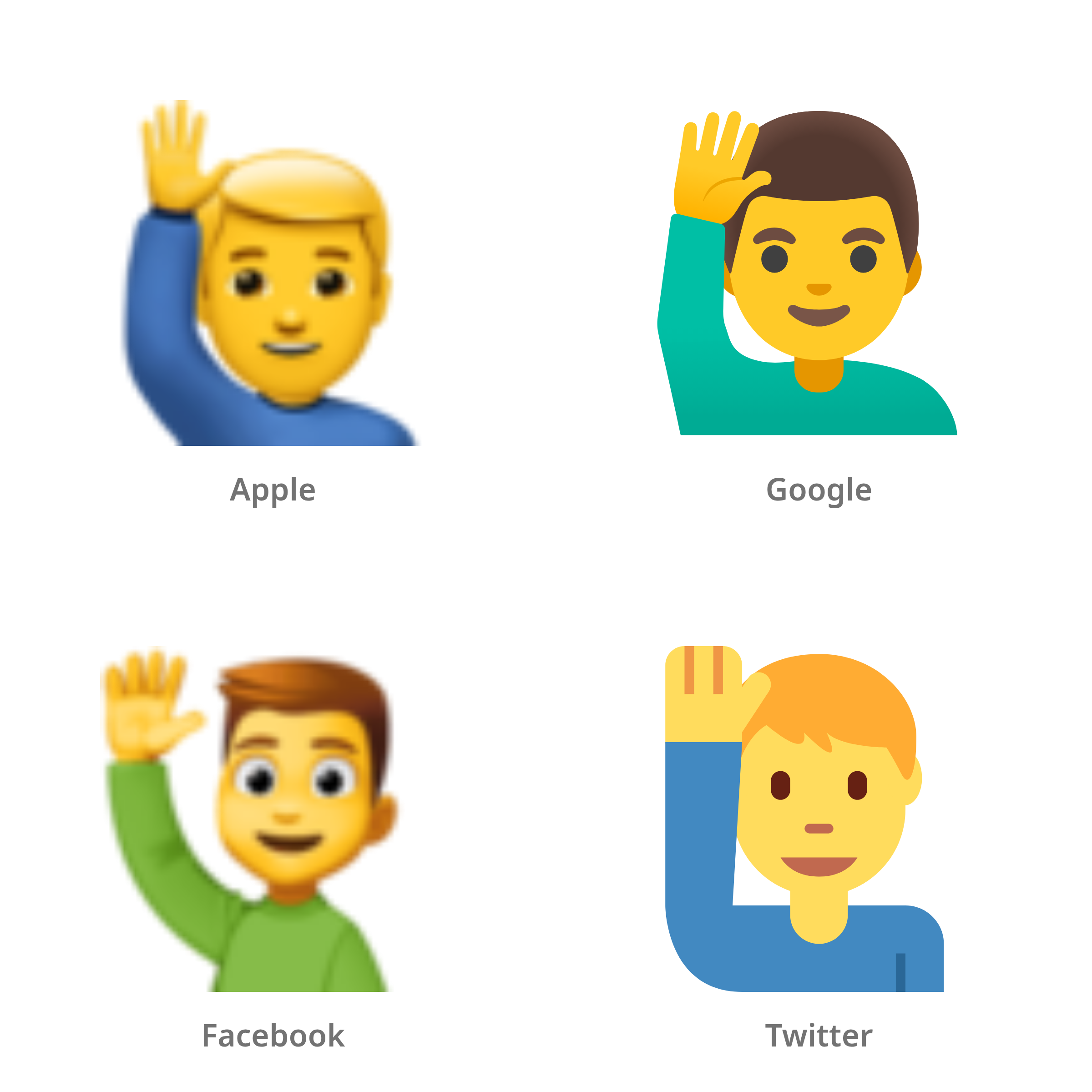 De emoji man met opgeheven hand in Apple-, Google-, Facebook- en Twitter-stijl