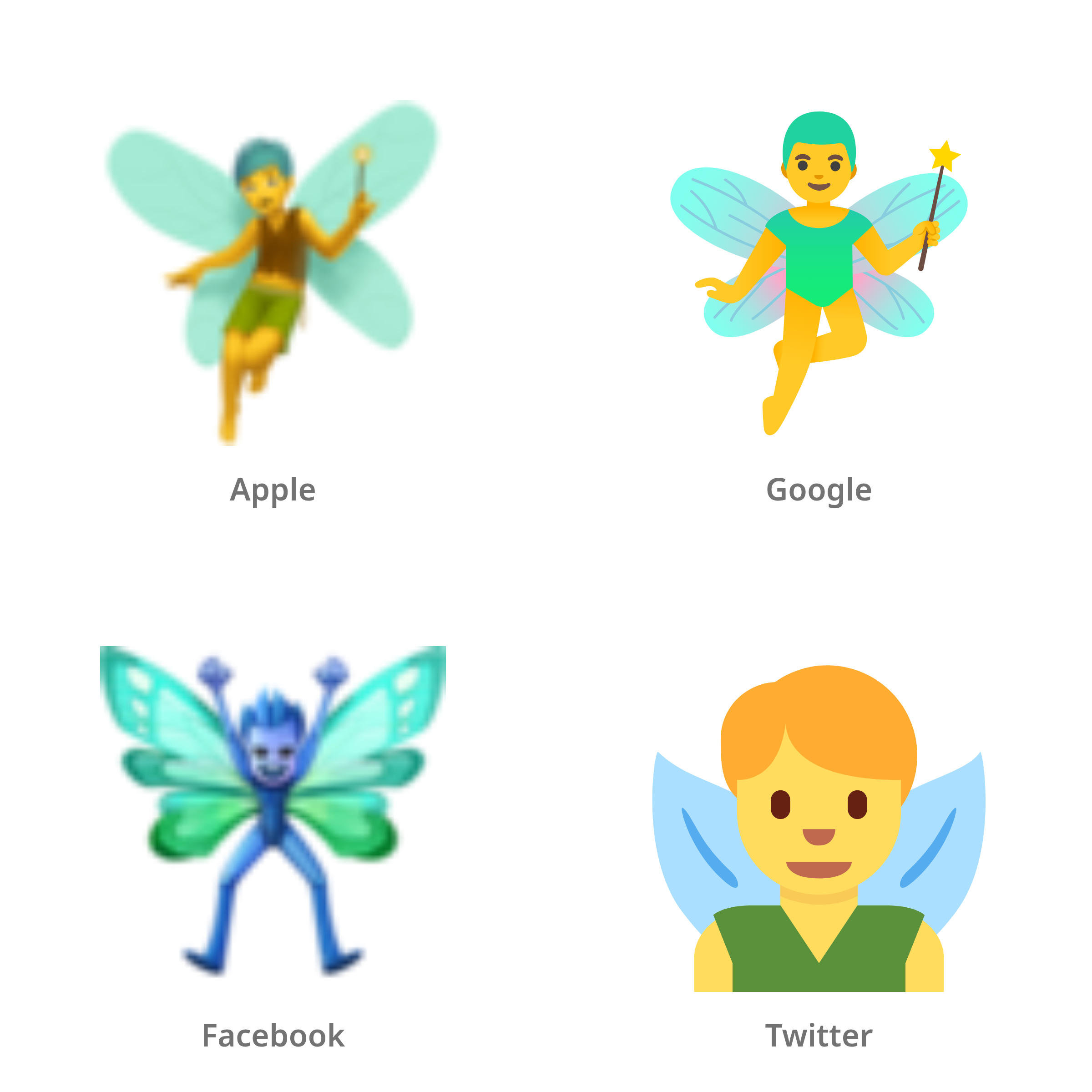 De emoji mannelijk elfje in Apple-, Google-, Facebook- en Twitter-stijl