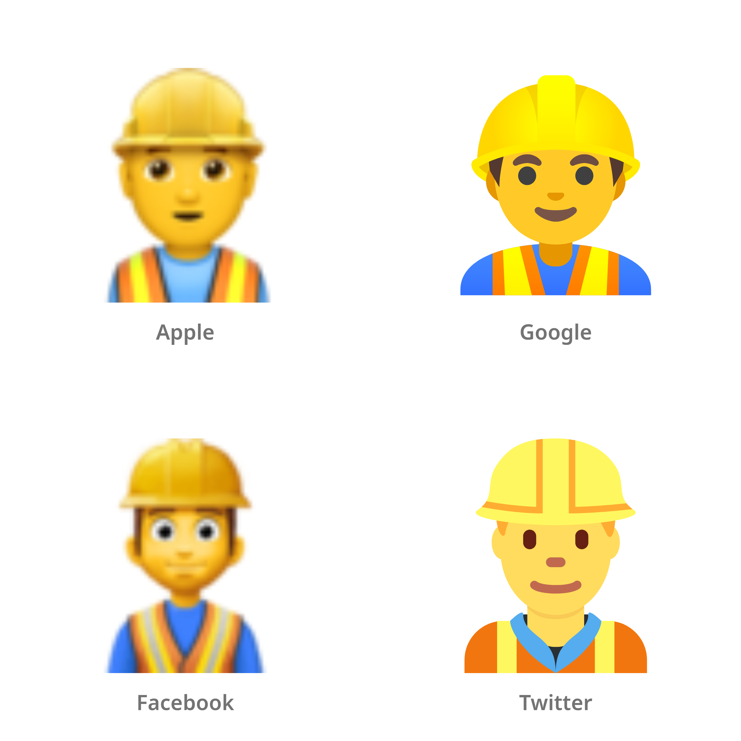 De emoji mannelijke bouwvakker in Apple-, Google-, Facebook- en Twitter-stijl