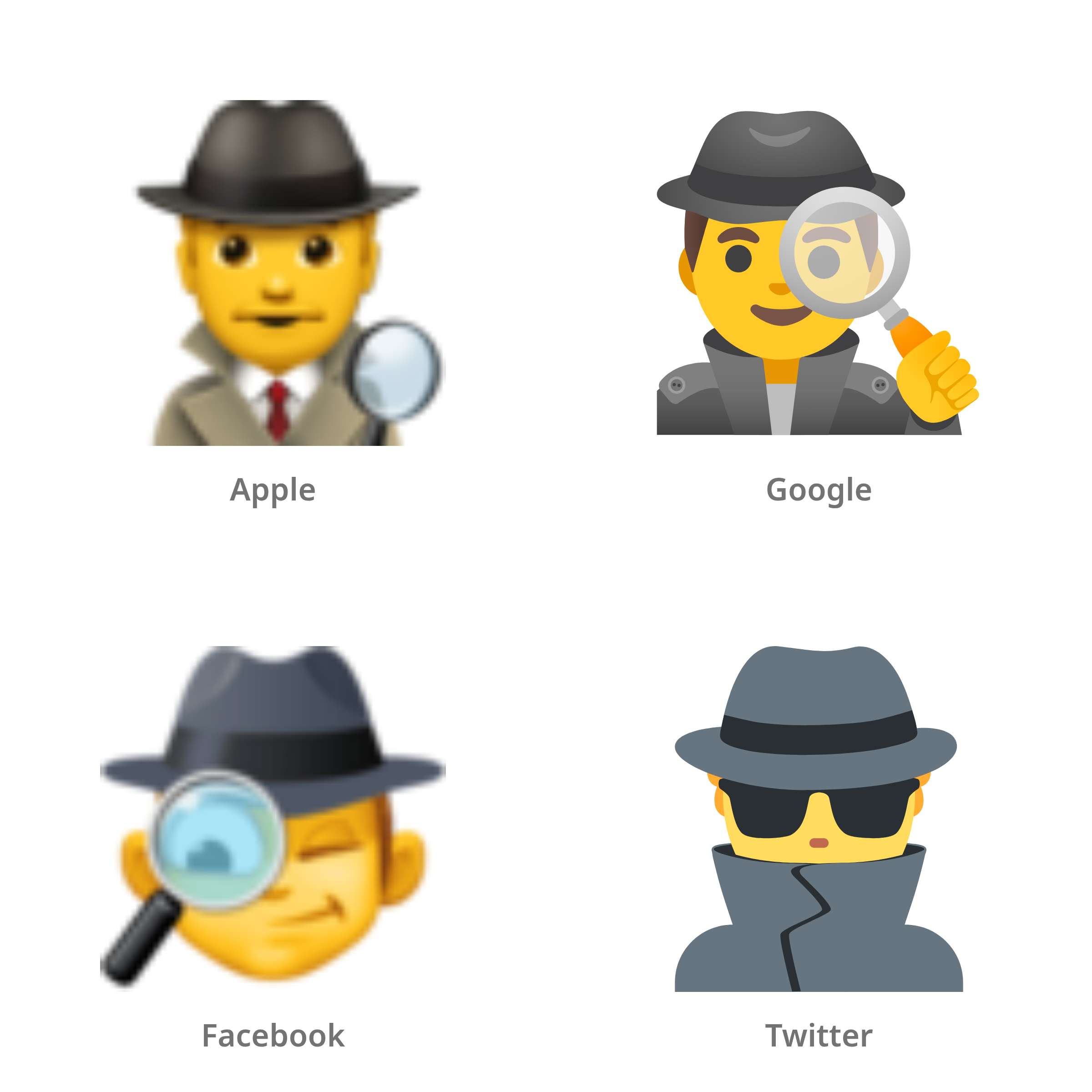 De emoji mannelijke detective in Apple-, Google-, Facebook- en Twitter-stijl
