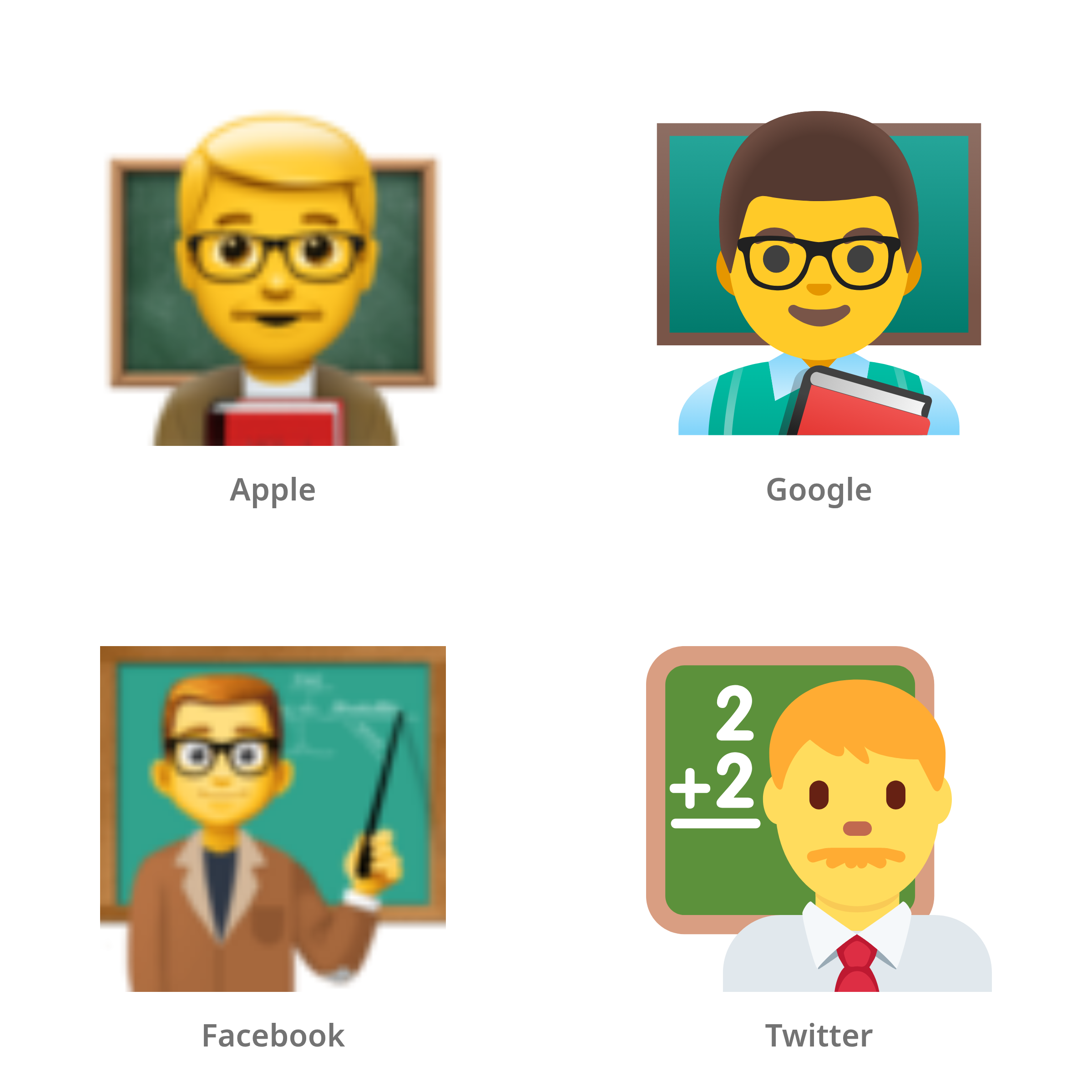 De emoji mannelijke docent in Apple-, Google-, Facebook- en Twitter-stijl