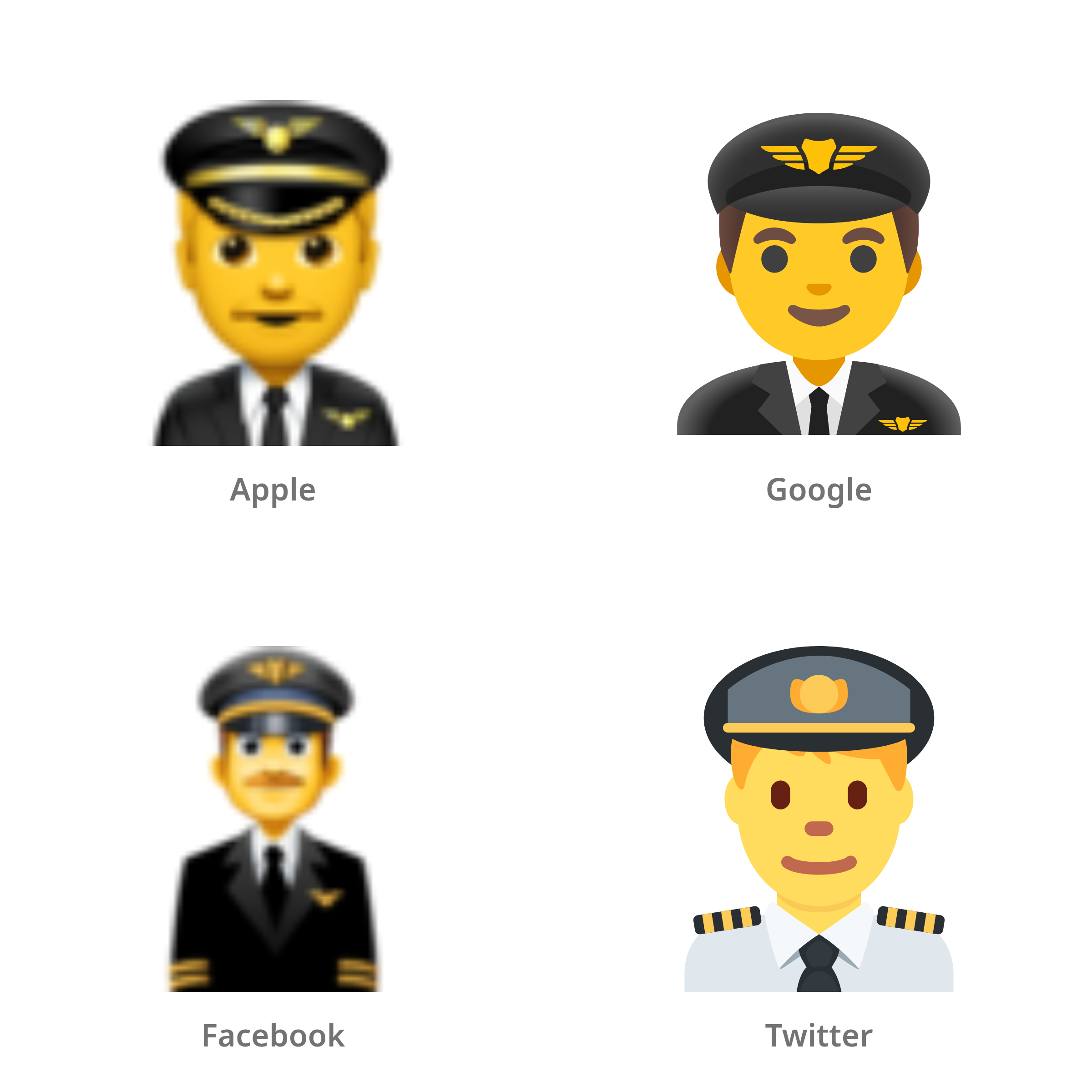 De emoji mannelijke piloot in Apple-, Google-, Facebook- en Twitter-stijl