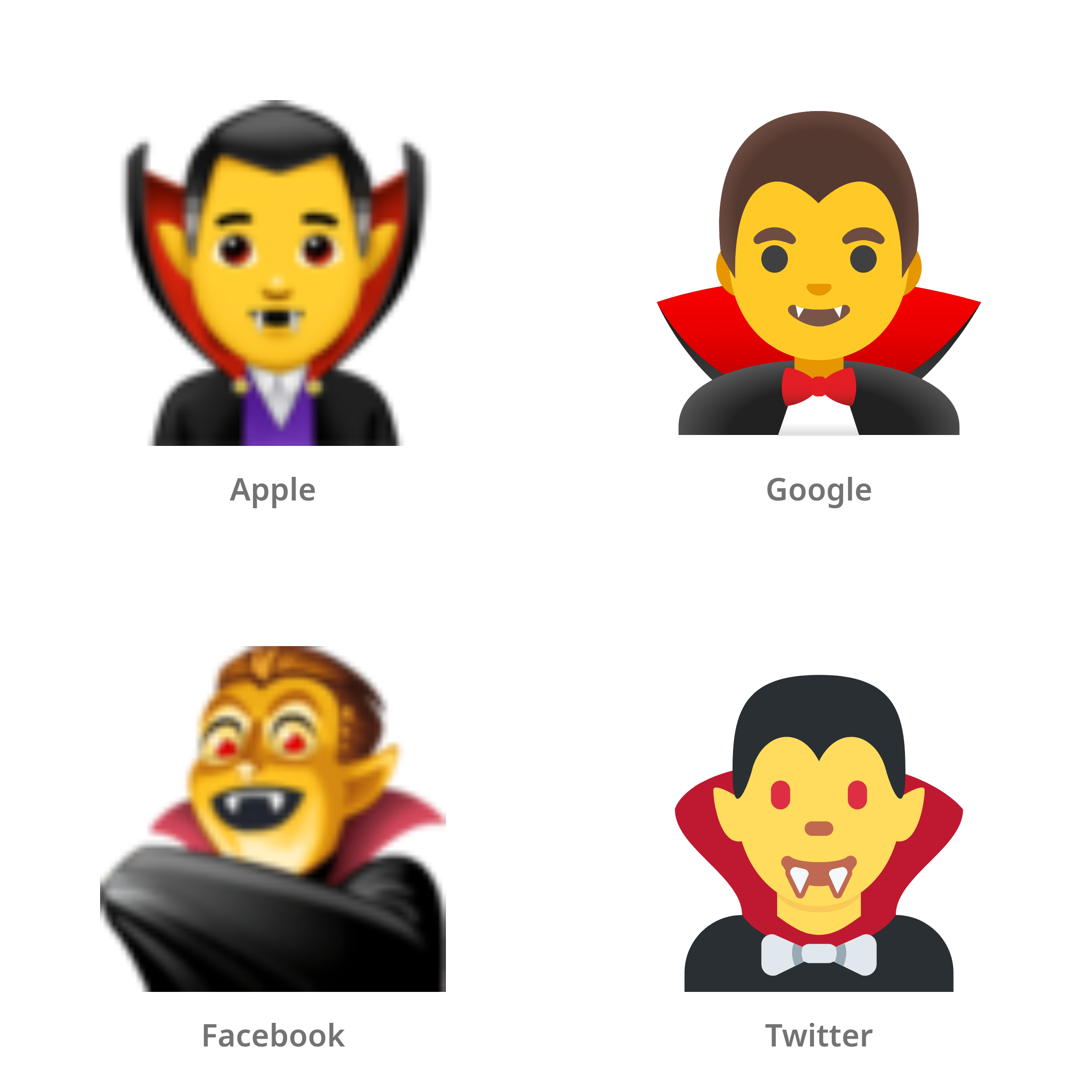 De emoji mannelijke vampier in Apple-, Google-, Facebook- en Twitter-stijl