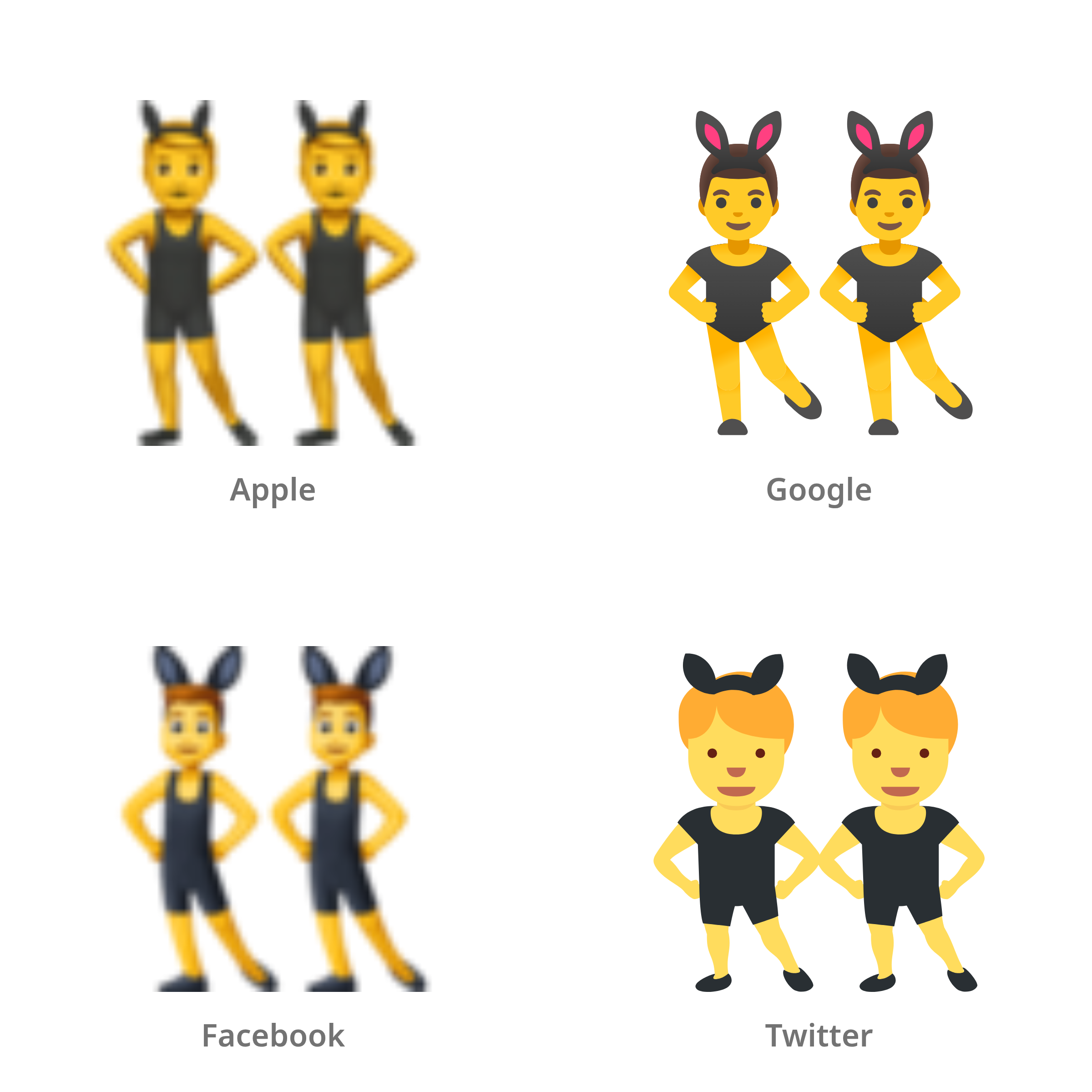 De emoji mannen met konijnenoren in Apple-, Google-, Facebook- en Twitter-stijl