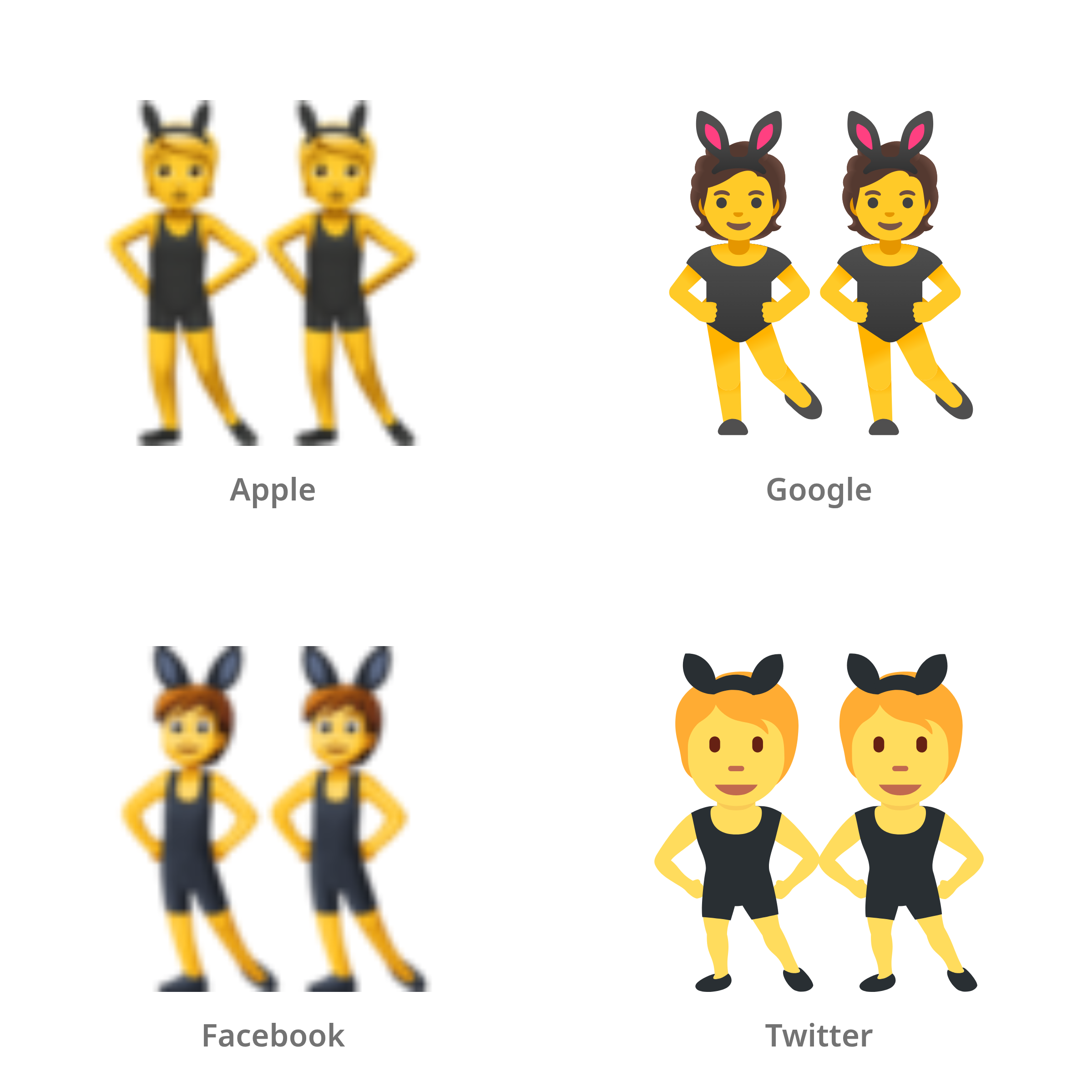 De emoji mensen met konijnenoren in Apple-, Google-, Facebook- en Twitter-stijl