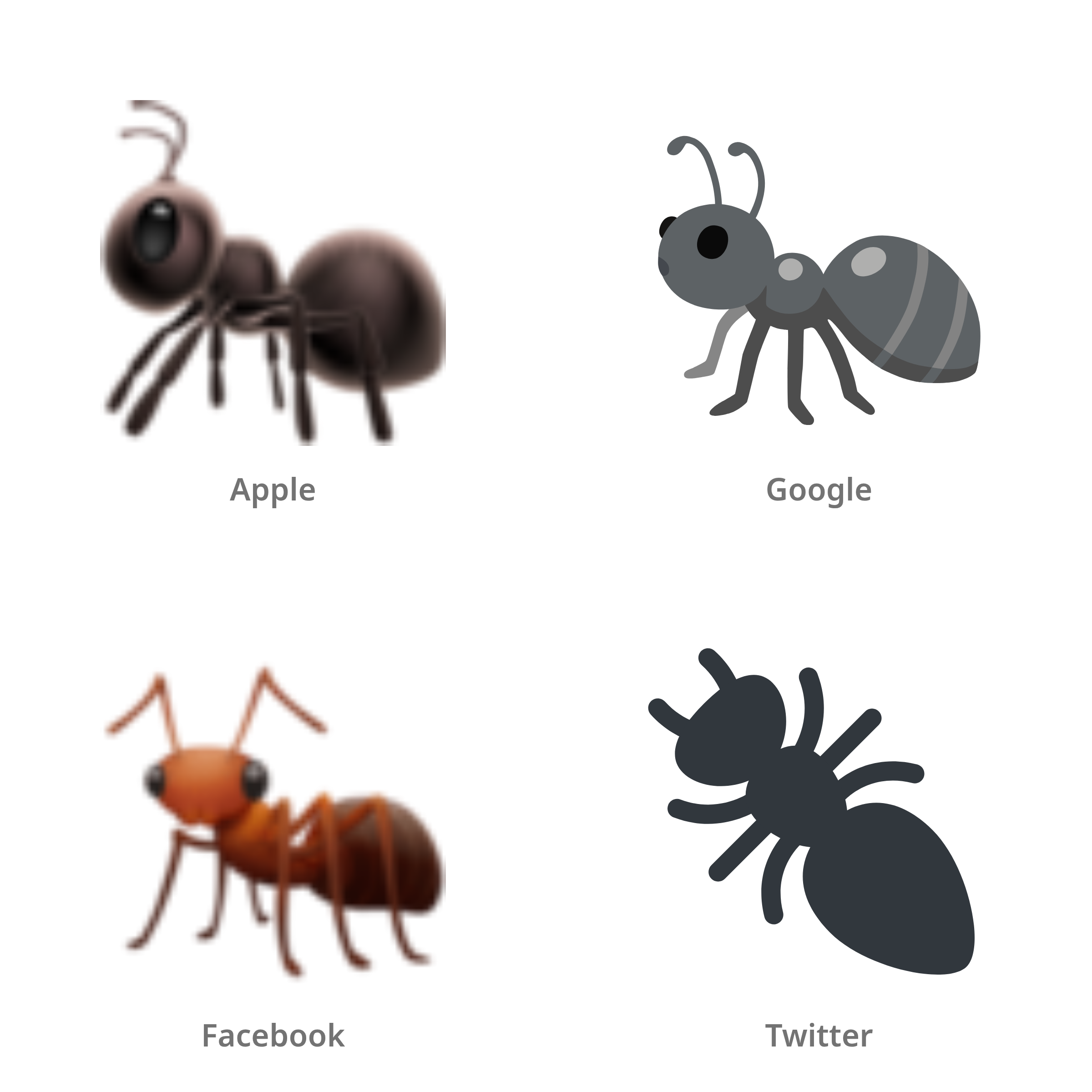 De emoji mier in Apple-, Google-, Facebook- en Twitter-stijl