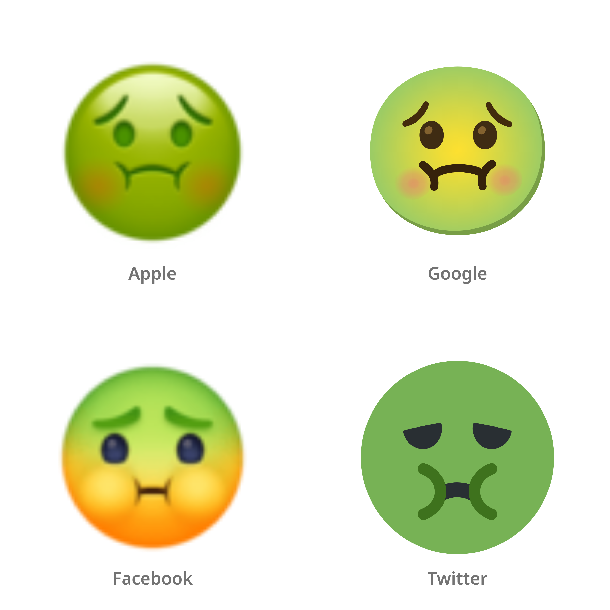 De emoji misselijk gezicht in Apple-, Google-, Facebook- en Twitter-stijl
