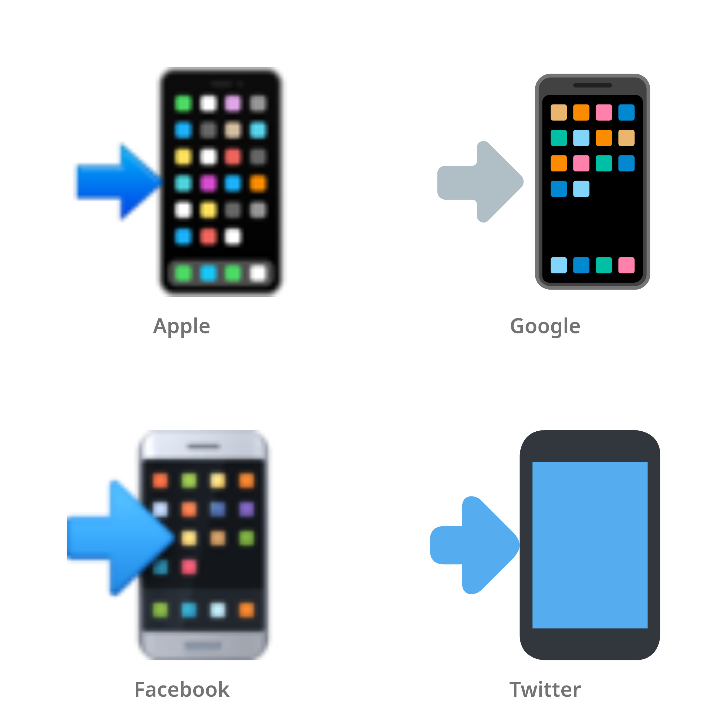 De emoji mobiel met pijl in Apple-, Google-, Facebook- en Twitter-stijl