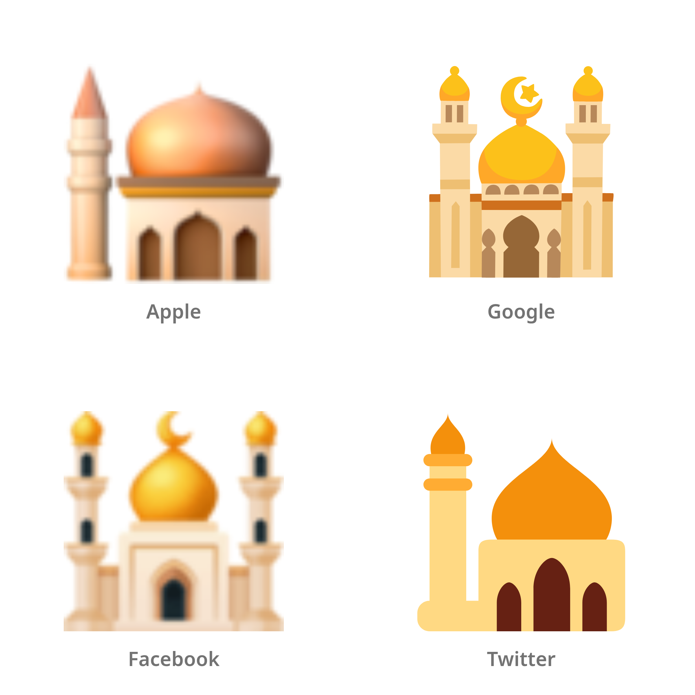 De emoji moskee in Apple-, Google-, Facebook- en Twitter-stijl