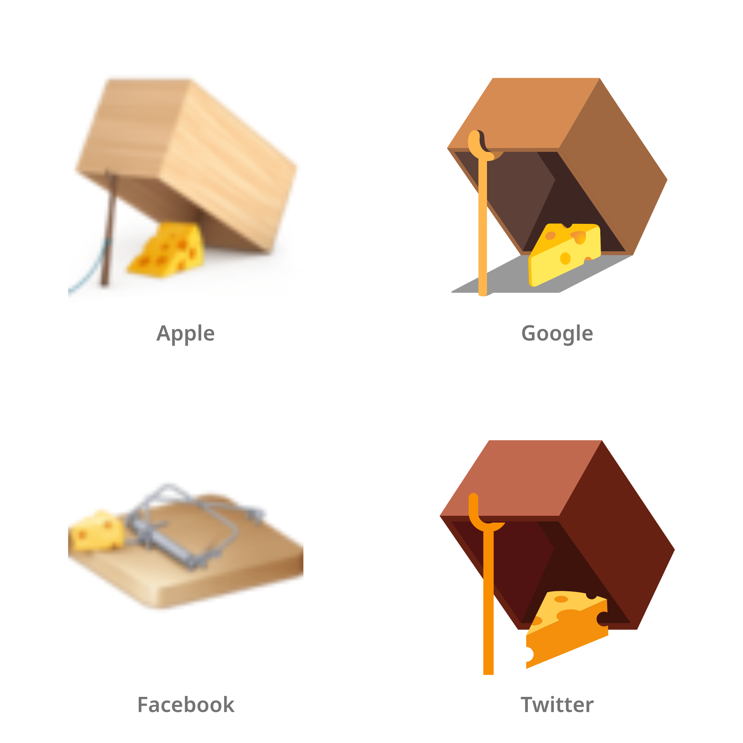 De emoji muizenval in Apple-, Google-, Facebook- en Twitter-stijl