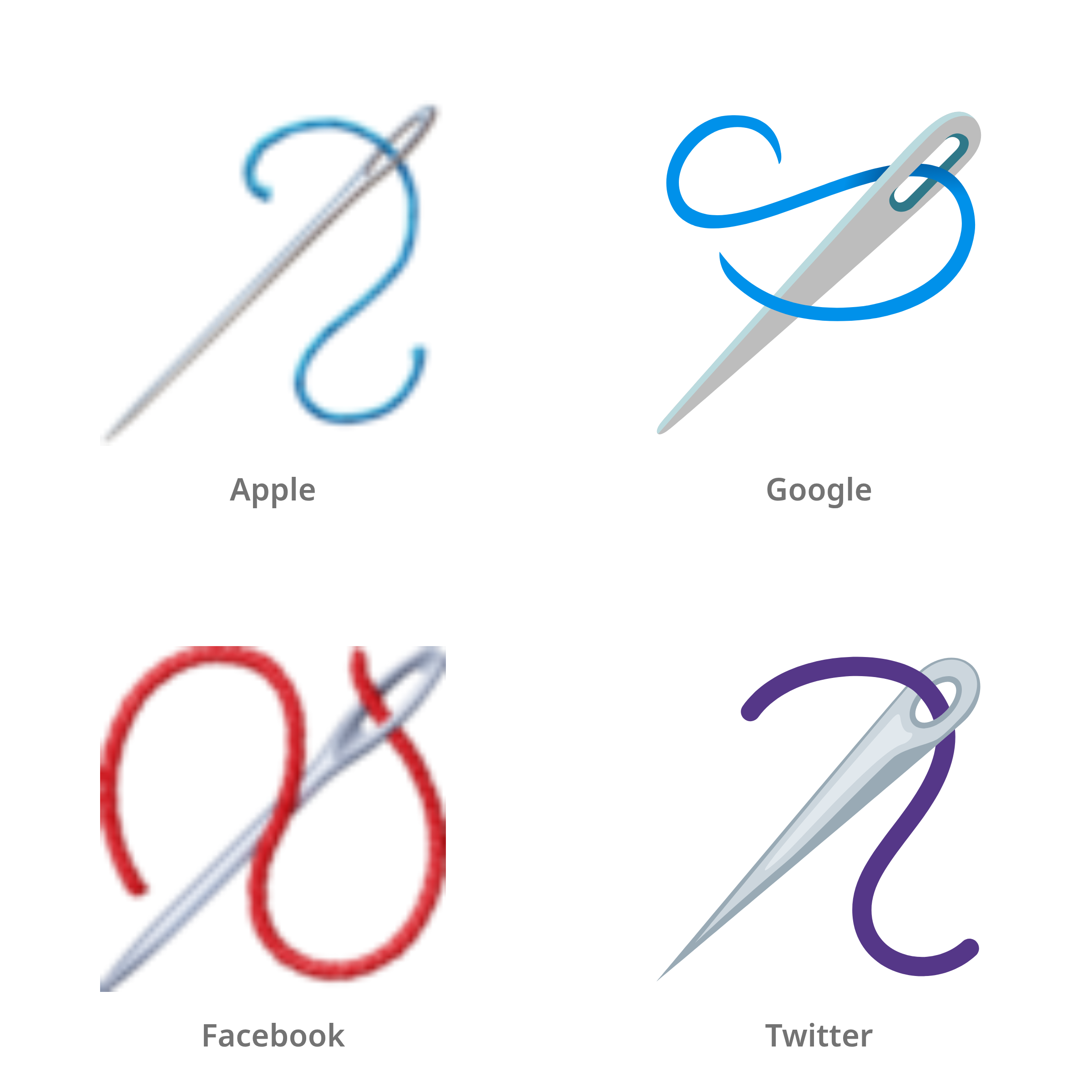De emoji naald in Apple-, Google-, Facebook- en Twitter-stijl