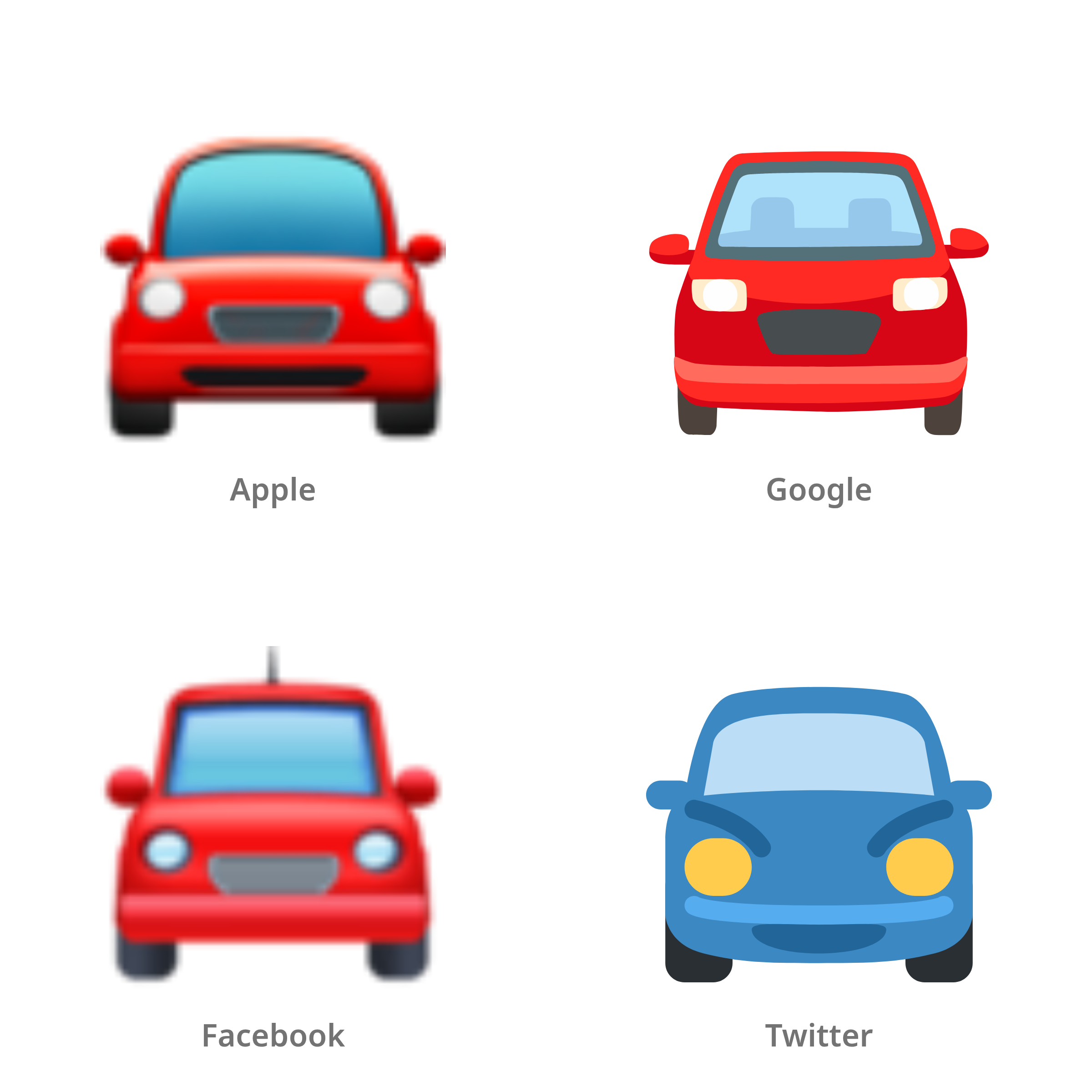 De emoji naderende auto in Apple-, Google-, Facebook- en Twitter-stijl