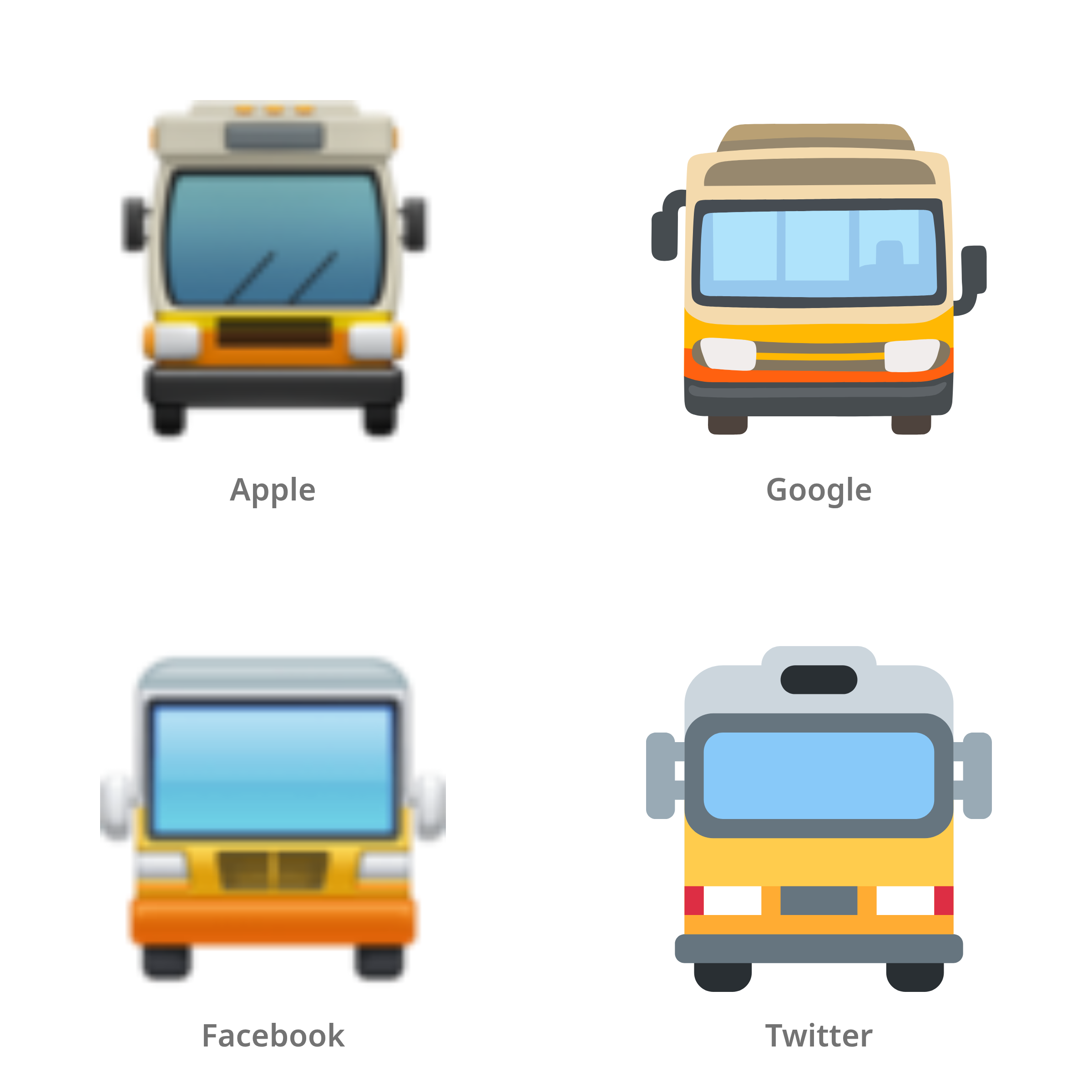 De emoji naderende bus in Apple-, Google-, Facebook- en Twitter-stijl