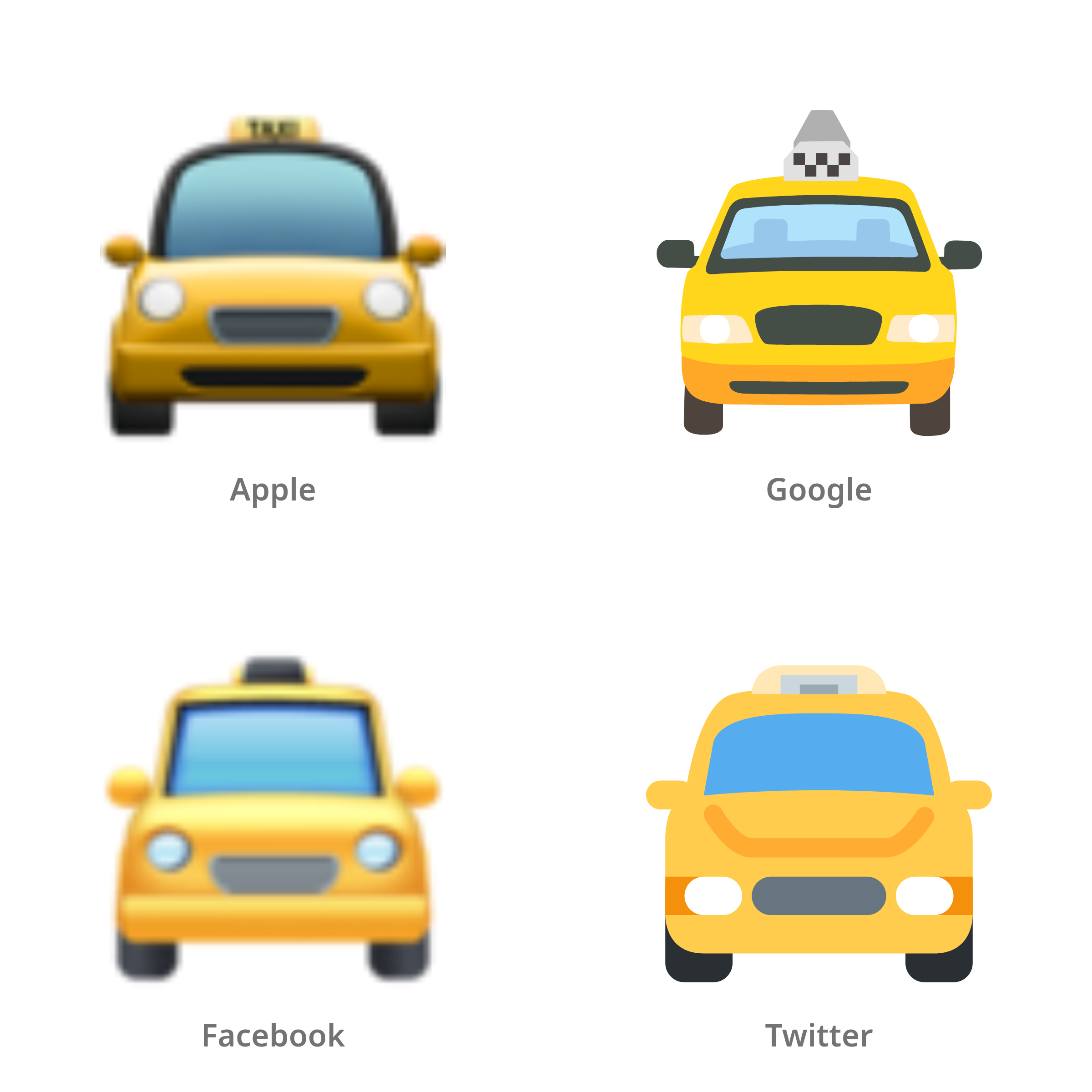 De emoji naderende taxi in Apple-, Google-, Facebook- en Twitter-stijl