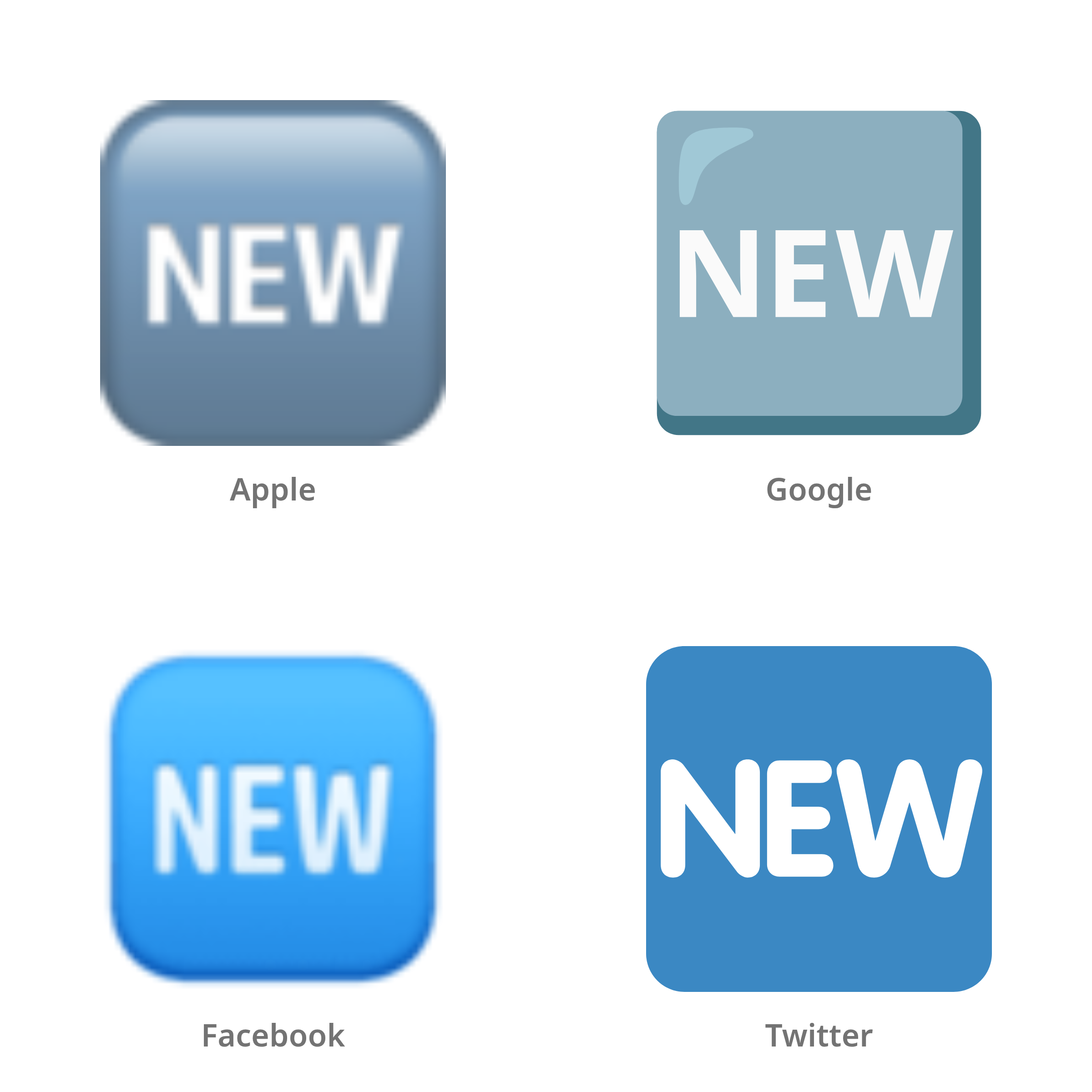 De emoji NEW-knop in Apple-, Google-, Facebook- en Twitter-stijl