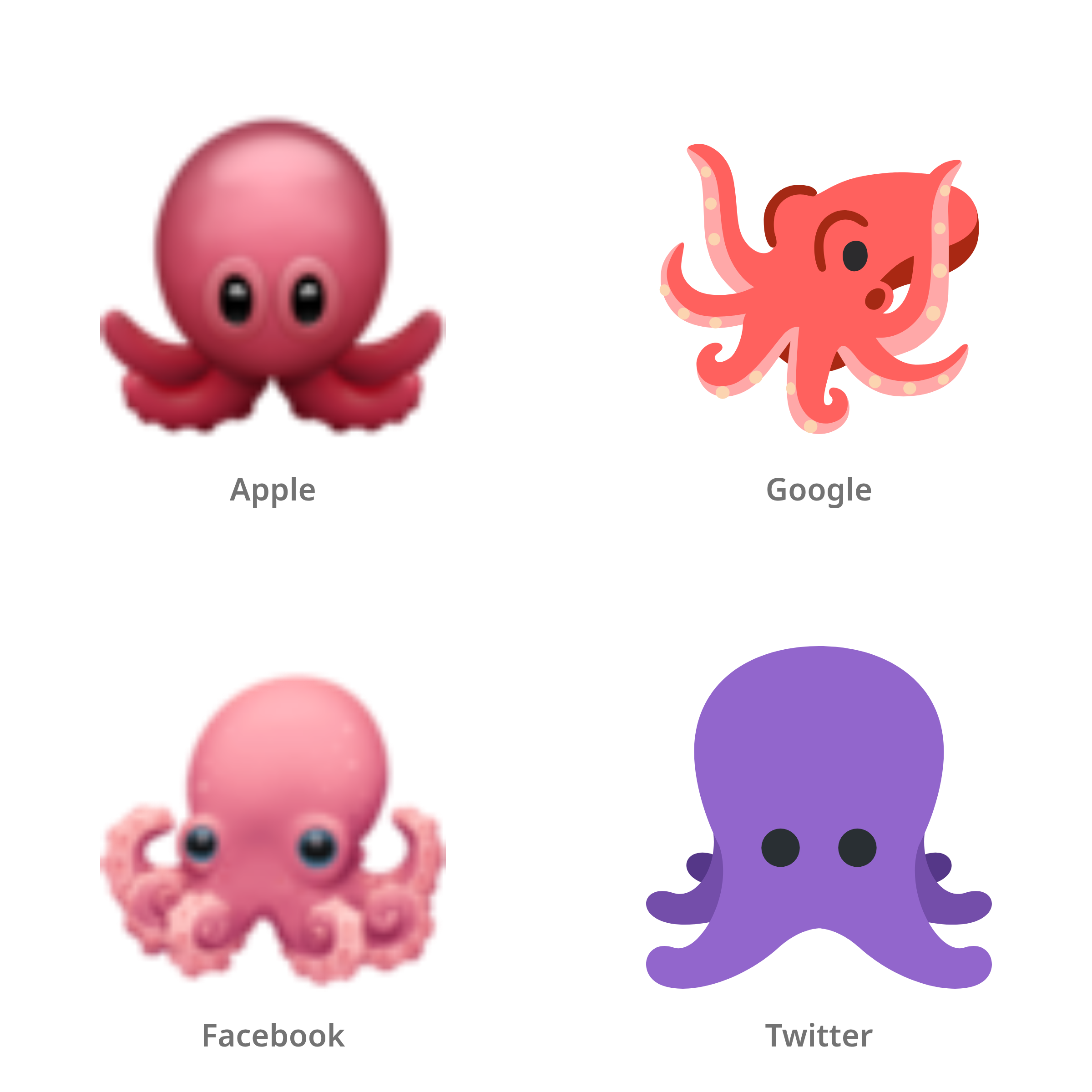 De emoji octopus in Apple-, Google-, Facebook- en Twitter-stijl