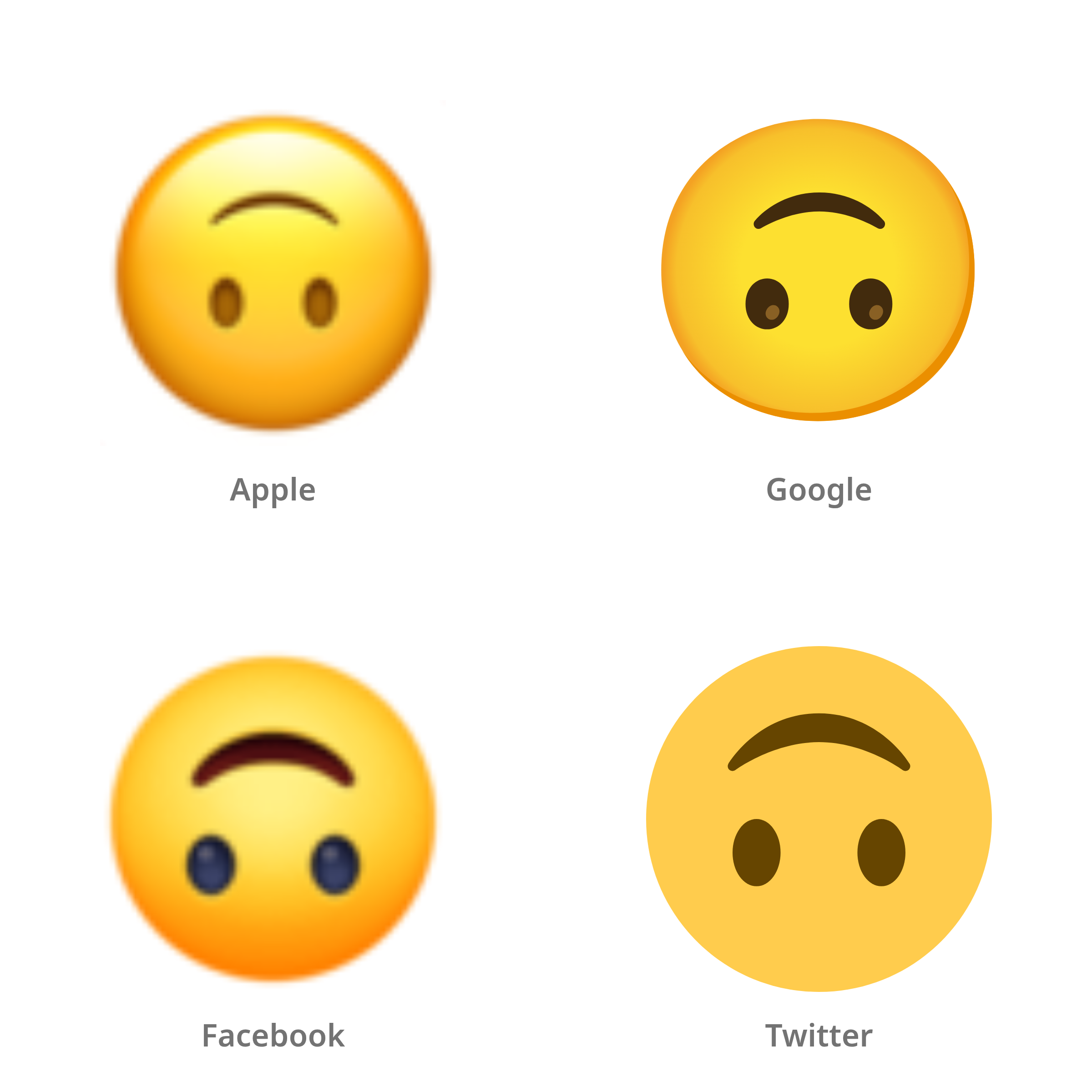 De emoji omgekeerd gezicht in Apple-, Google-, Facebook- en Twitter-stijl