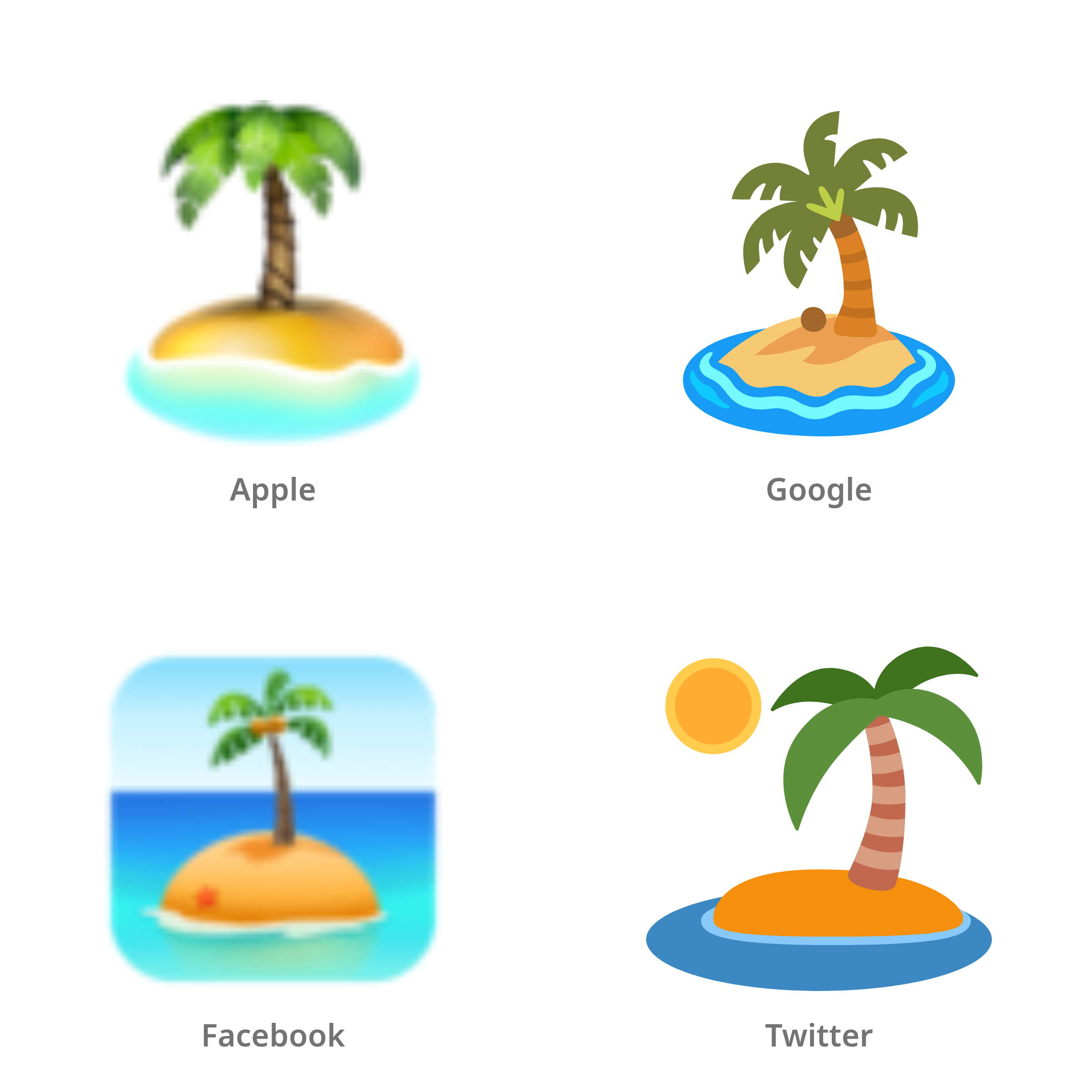 De emoji onbewoond eiland in Apple-, Google-, Facebook- en Twitter-stijl