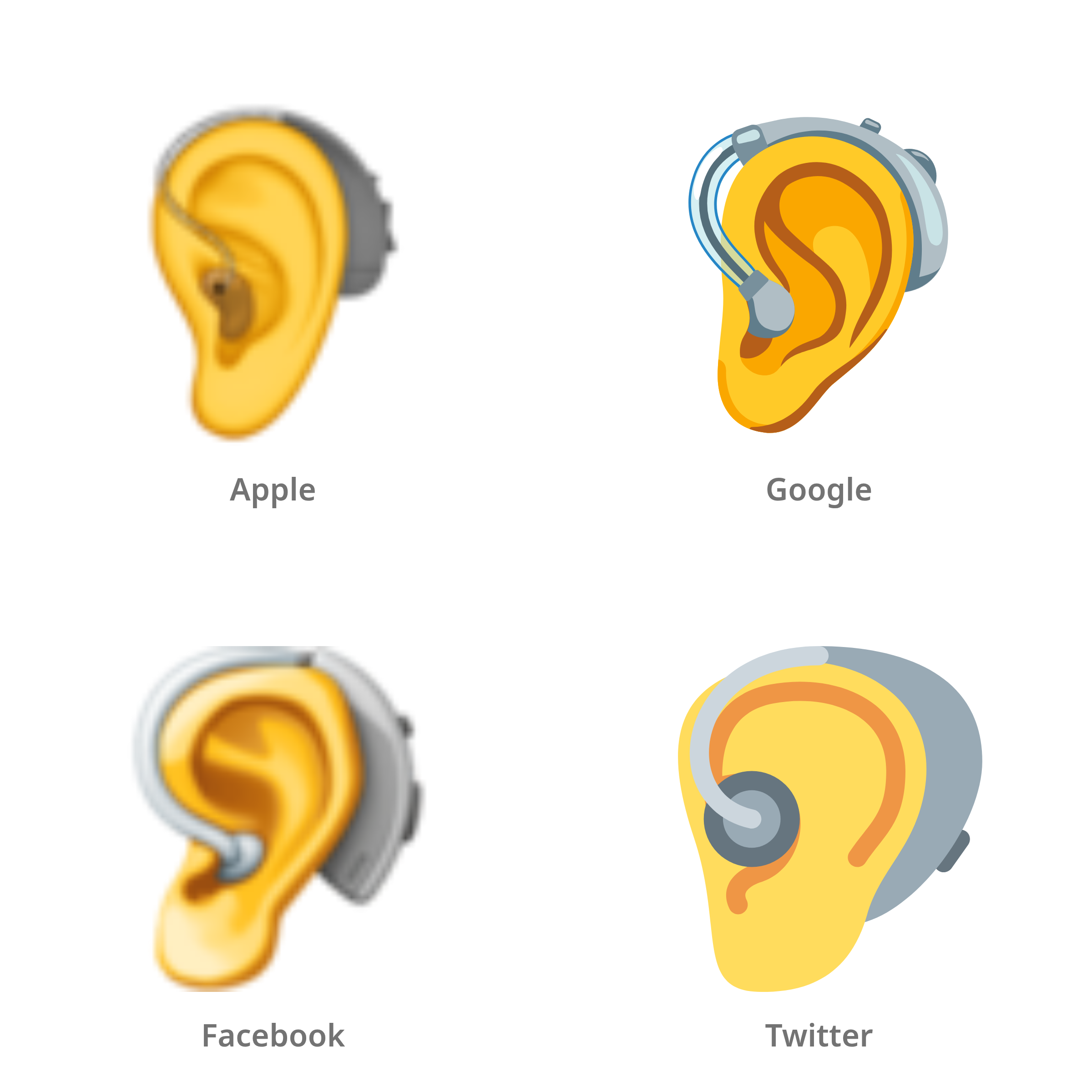 De emoji oor met gehoorapparaat in Apple-, Google-, Facebook- en Twitter-stijl