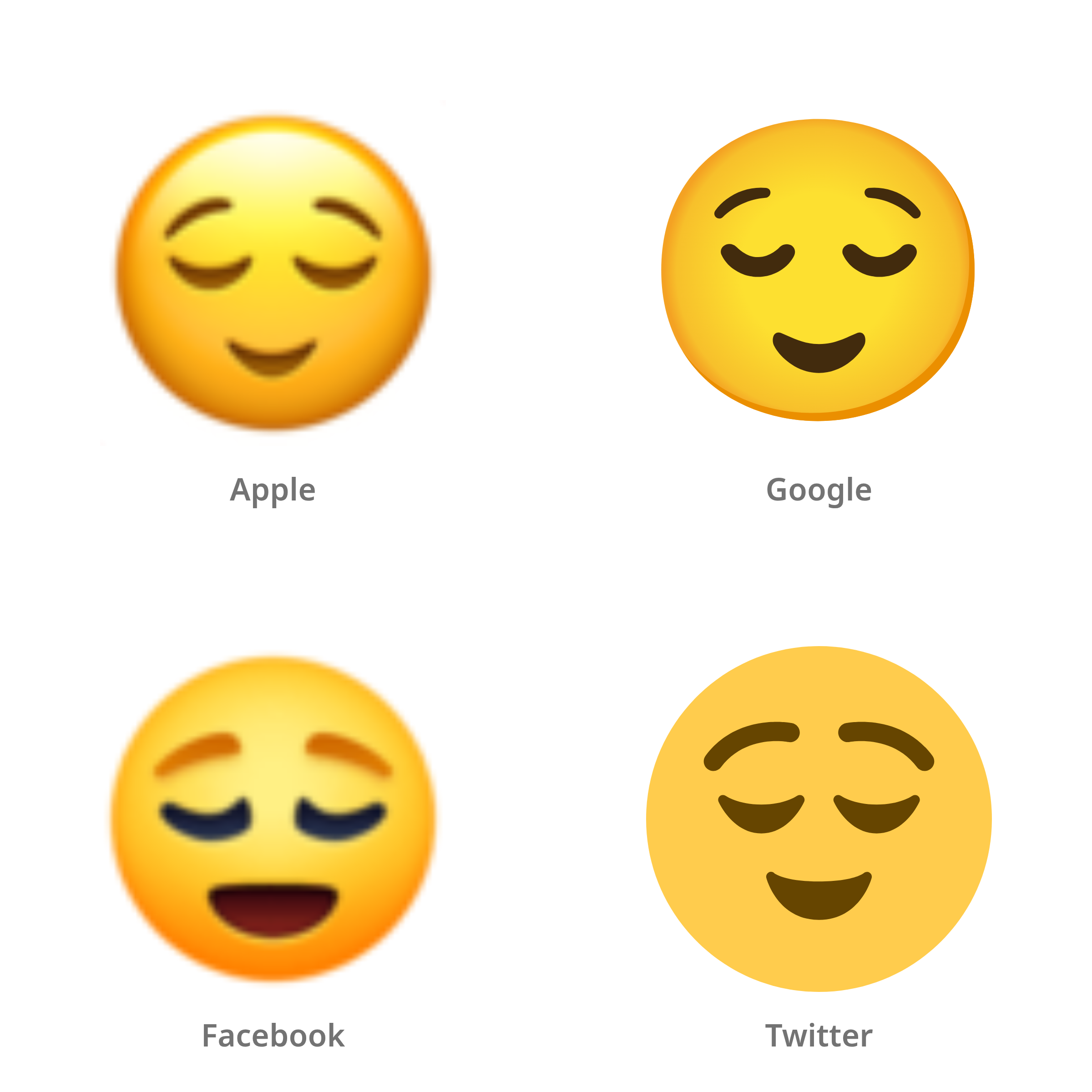 De emoji opgelucht gezicht in Apple-, Google-, Facebook- en Twitter-stijl
