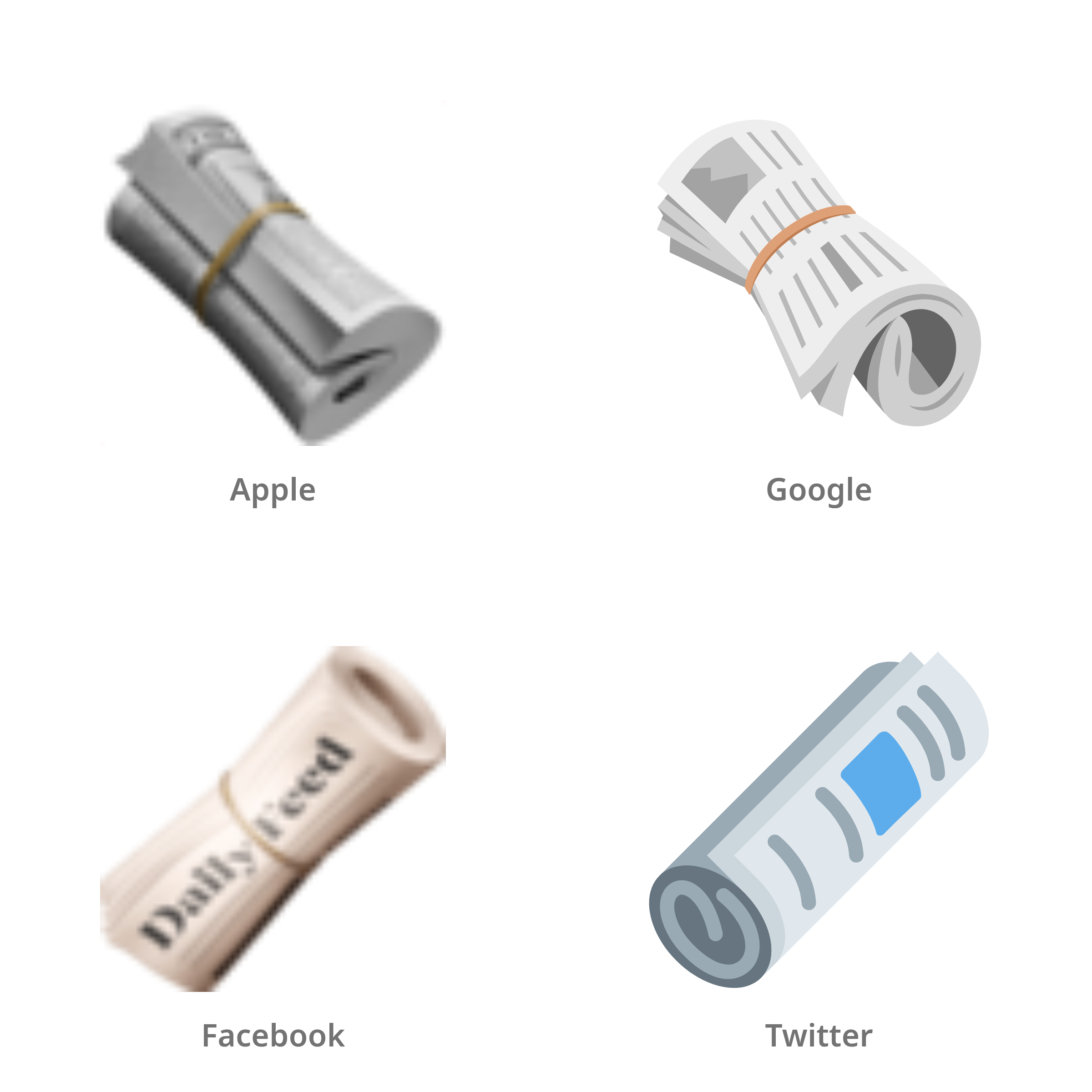 De emoji opgerolde krant in Apple-, Google-, Facebook- en Twitter-stijl