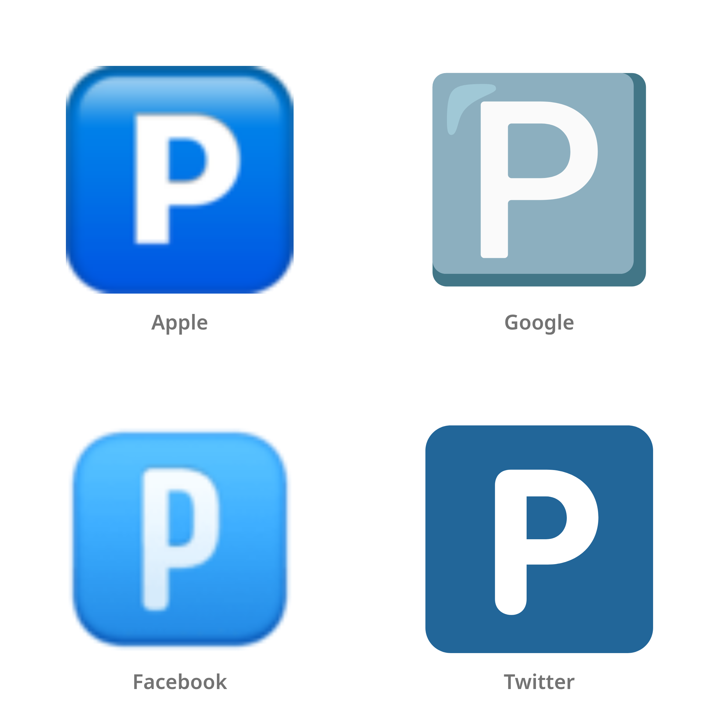 De emoji P-knop in Apple-, Google-, Facebook- en Twitter-stijl