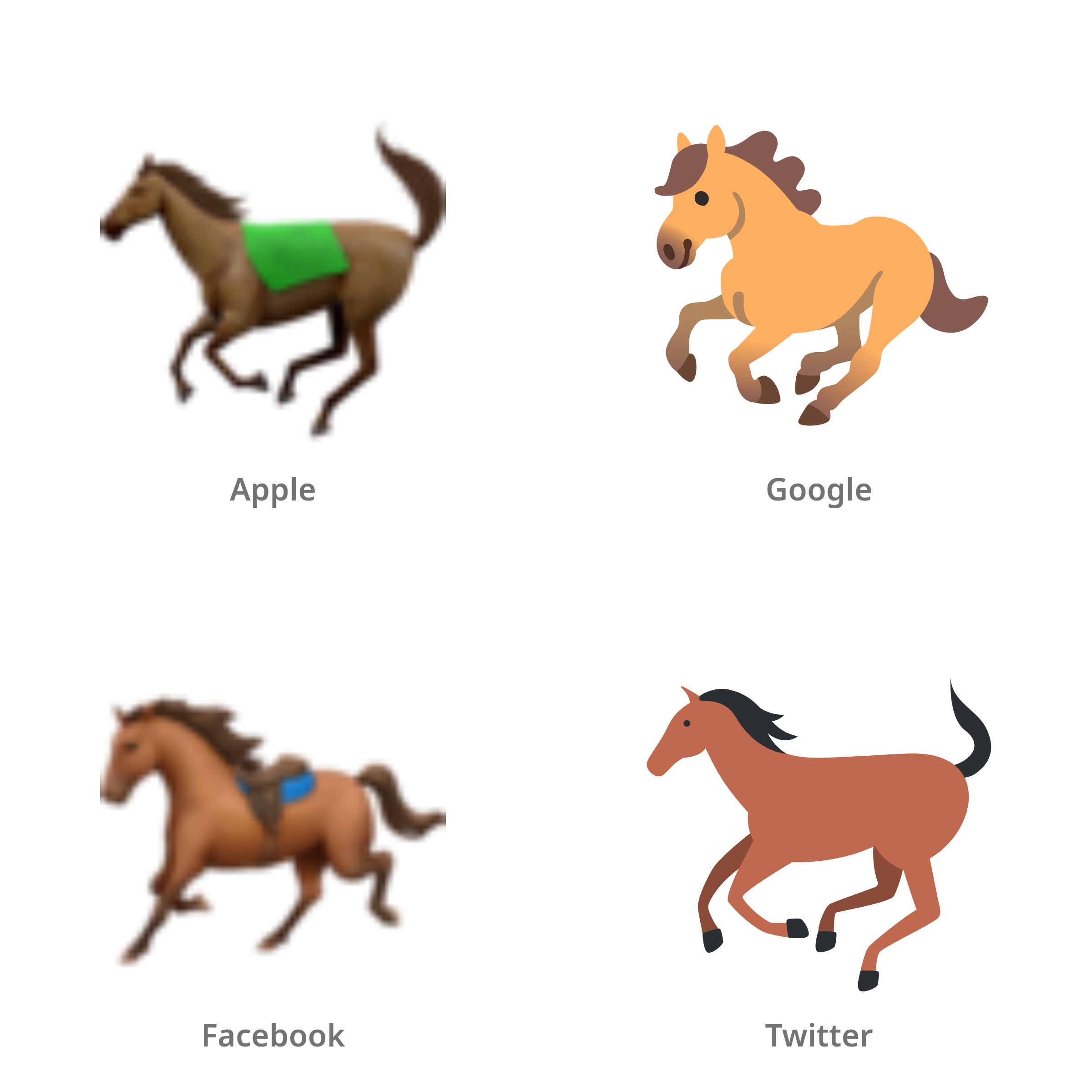 De emoji paard in Apple-, Google-, Facebook- en Twitter-stijl
