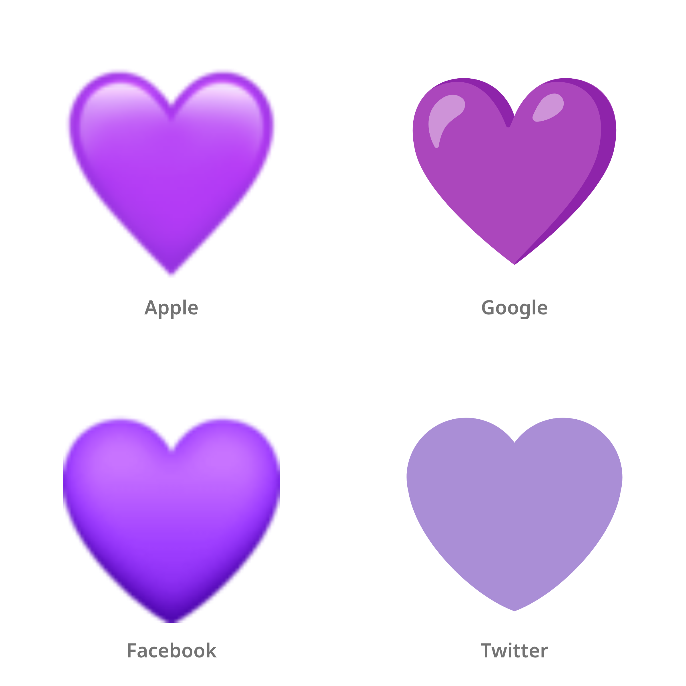 De emoji paars hart in Apple-, Google-, Facebook- en Twitter-stijl