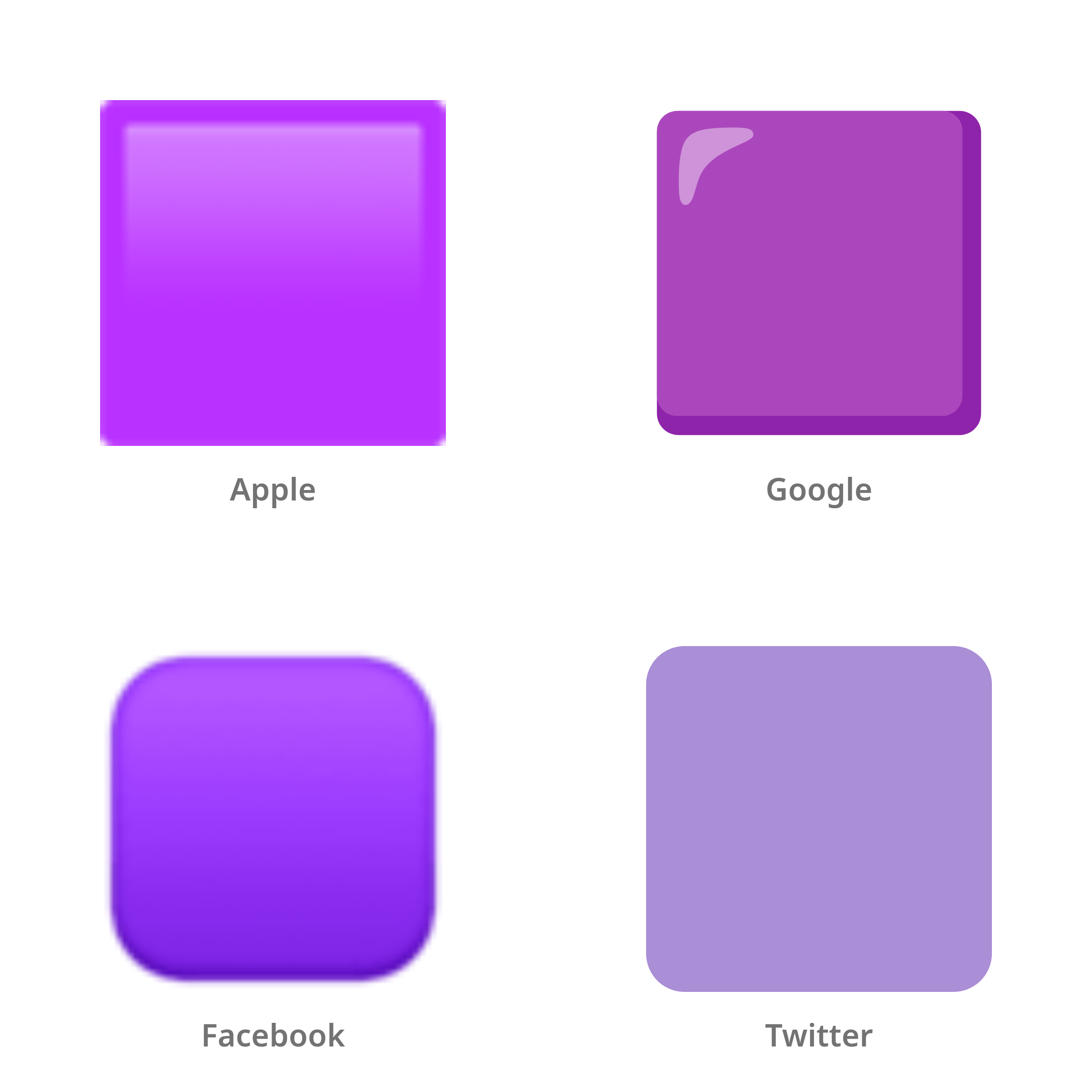 De emoji paars vierkant in Apple-, Google-, Facebook- en Twitter-stijl